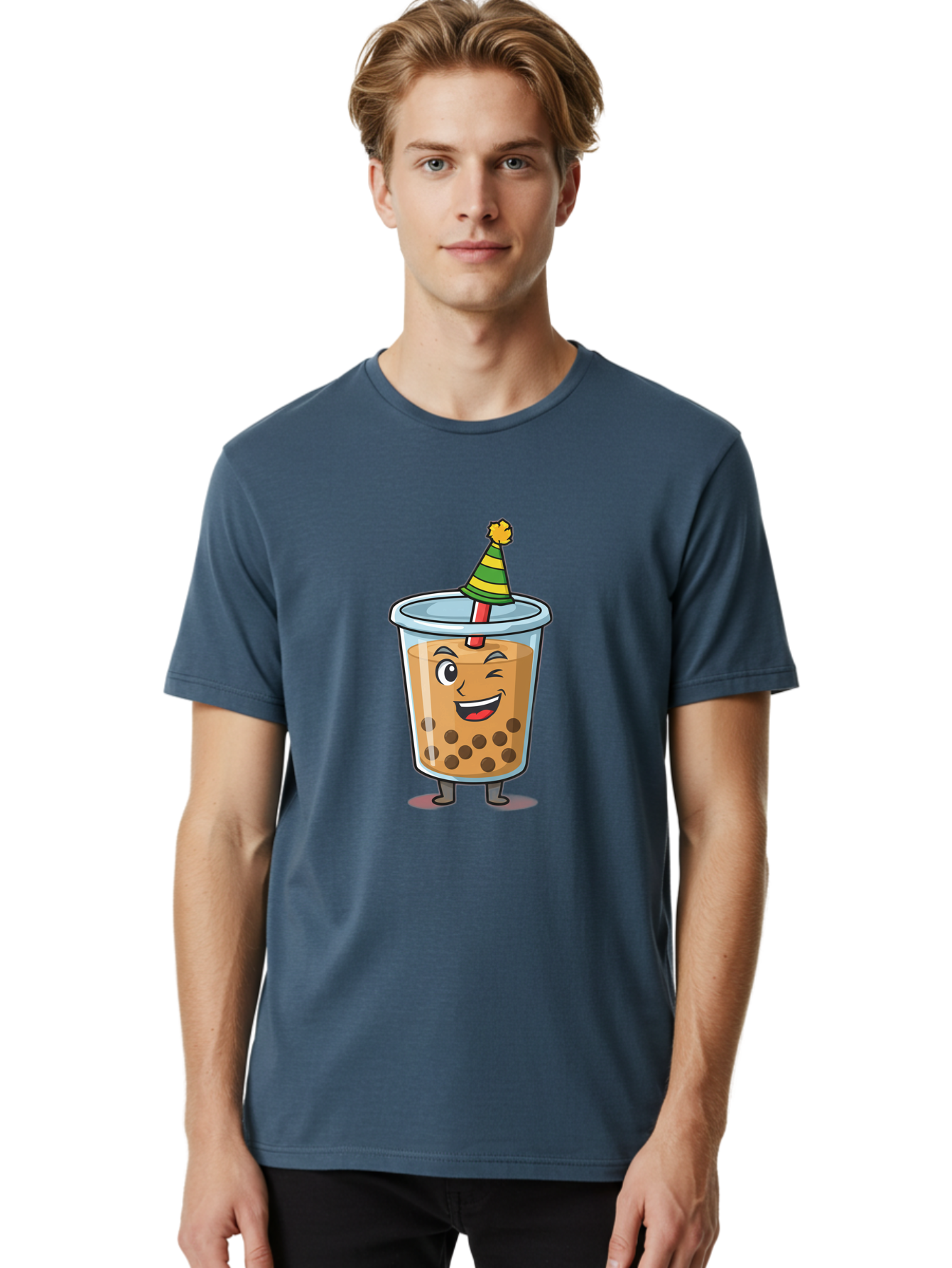 Boba-Tea-17 Men'S Graphic Tee, 100% Cotton, Comfortable Casual Summer Wear, Machine Washable, Cartoon Bubble Tea, Party Hat, Festive Boba, Smiling Drink, Fun Beverage, Animated Character, Cute Boba Tea Bac658
