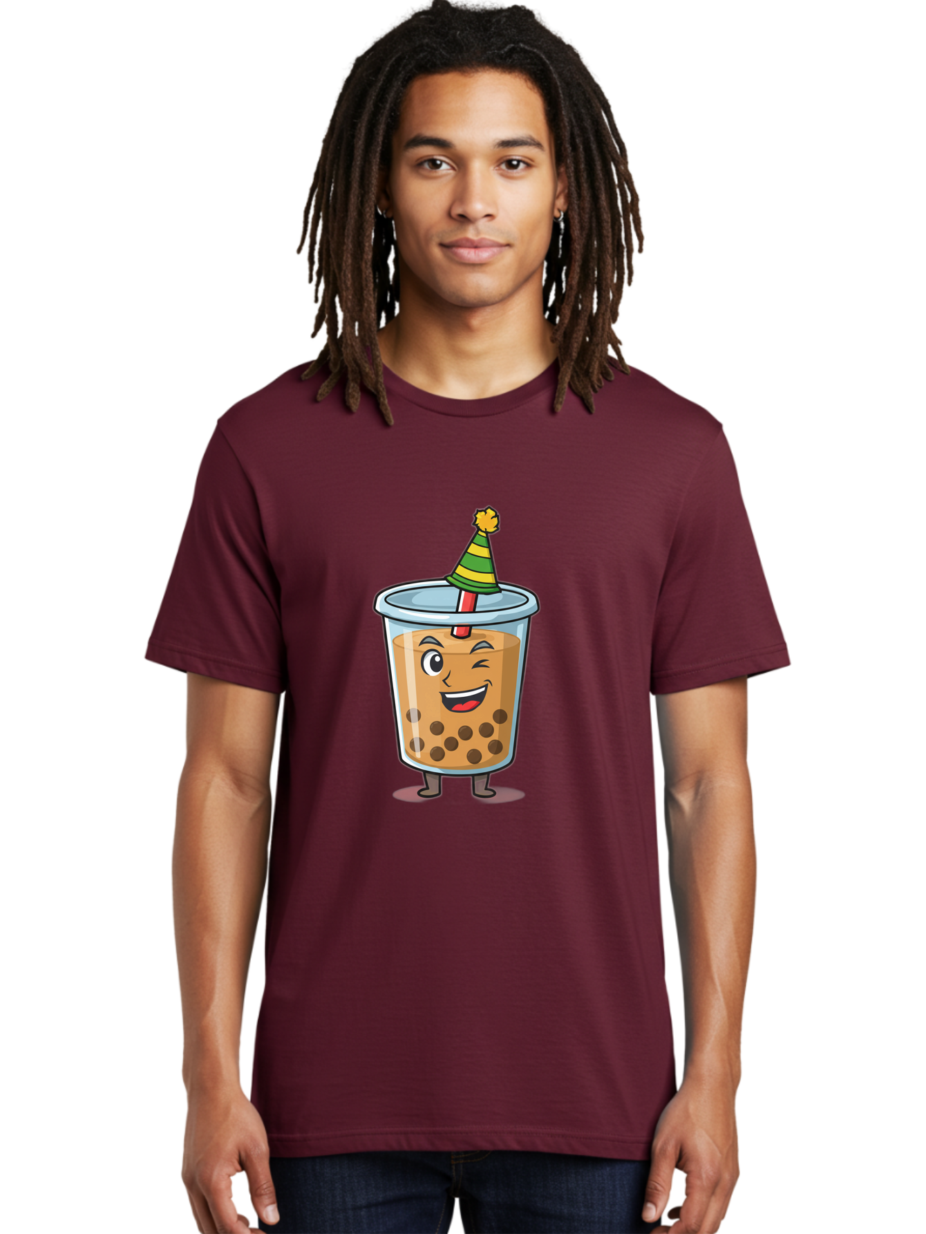 Boba-Tea-17 Men'S Graphic Tee, 100% Cotton, Comfortable Casual Summer Wear, Machine Washable, Cartoon Bubble Tea, Party Hat, Festive Boba, Smiling Drink, Fun Beverage, Animated Character, Cute Boba Tea Bac658