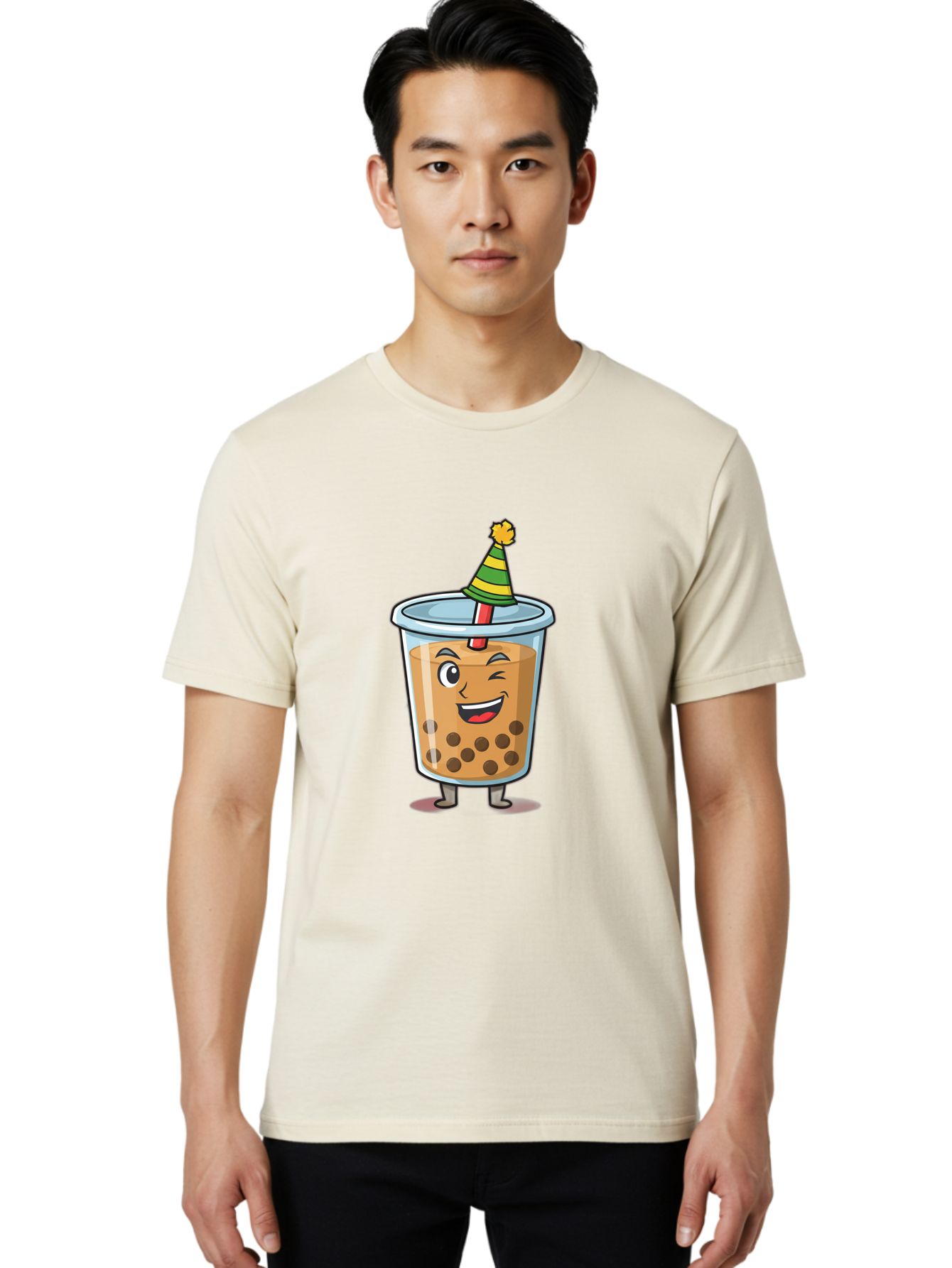 Boba-Tea-17 Men'S Graphic Tee, 100% Cotton, Comfortable Casual Summer Wear, Machine Washable, Cartoon Bubble Tea, Party Hat, Festive Boba, Smiling Drink, Fun Beverage, Animated Character, Cute Boba Tea Bac658