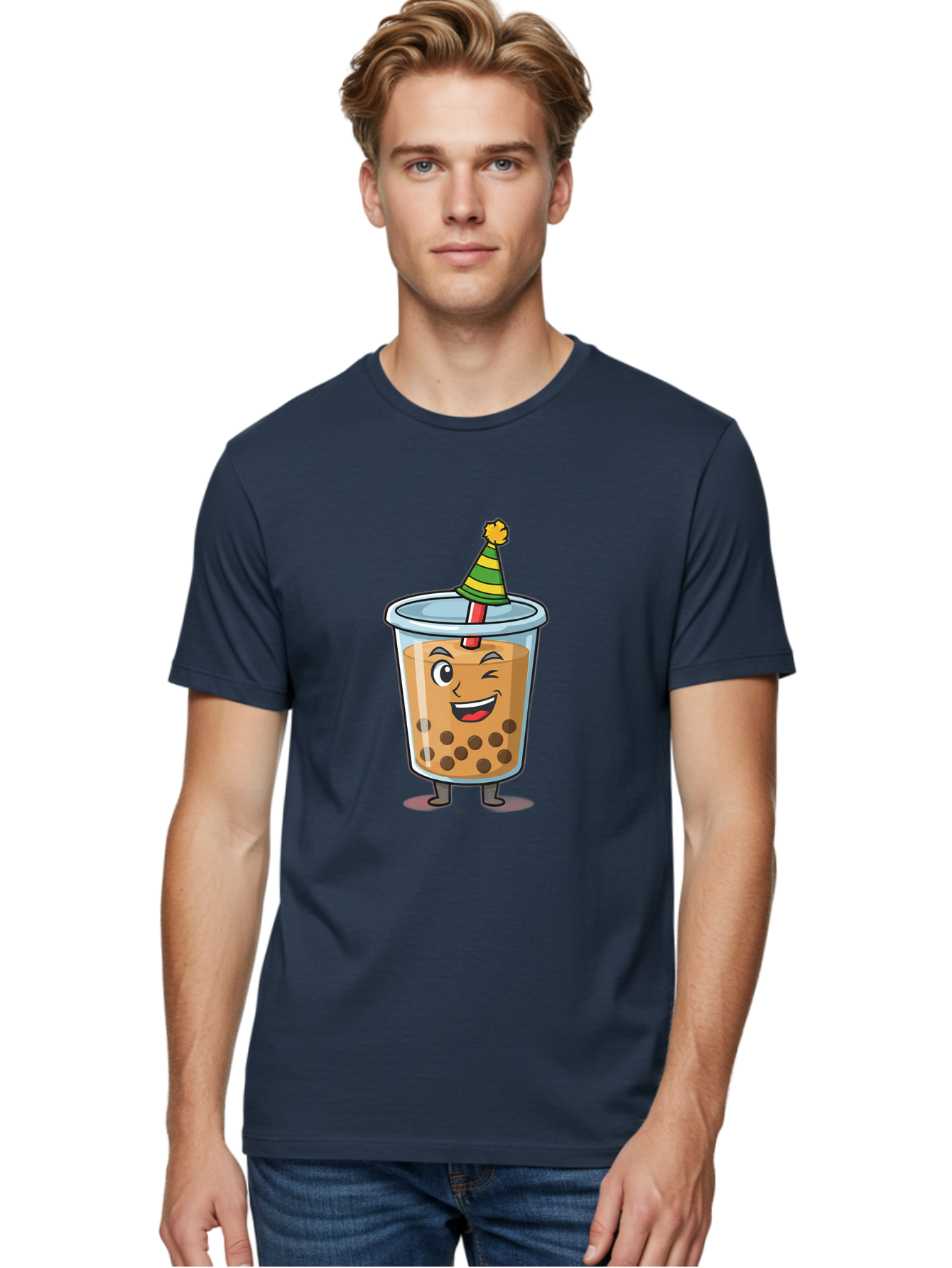 Boba-Tea-17 Men'S Graphic Tee, 100% Cotton, Comfortable Casual Summer Wear, Machine Washable, Cartoon Bubble Tea, Party Hat, Festive Boba, Smiling Drink, Fun Beverage, Animated Character, Cute Boba Tea Bac658