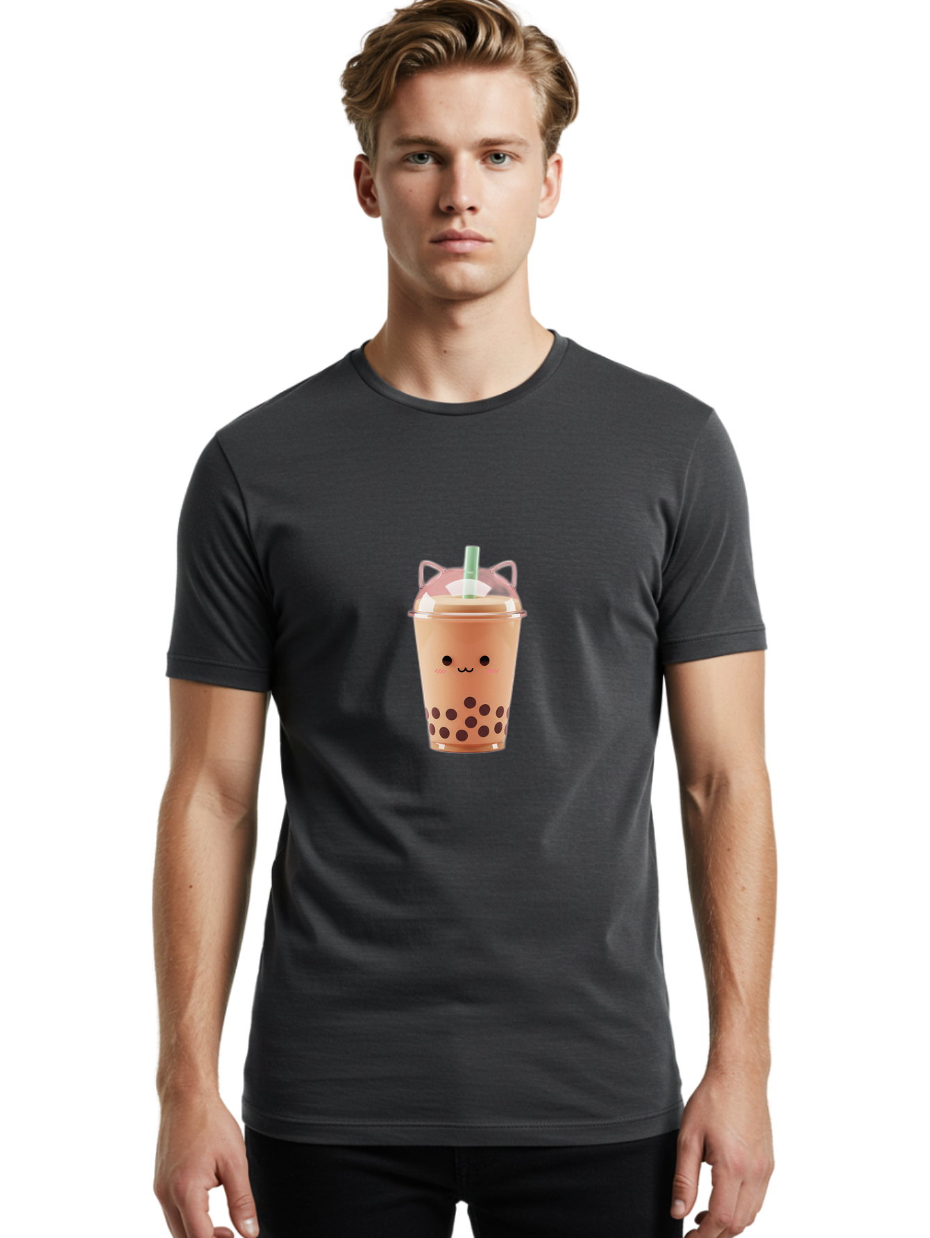 Boba-Tea-2 Men'S Graphic Tee, 100% Cotton, Comfortable Casual Summer Wear, Machine Washable, Bubble Tea, Milk Tea, Boba Drink, Cute Kawaii Design, Cartoon Face, Straw, Tapioca Pearls, Brown Bubbles, Smiling Face, Adorable Beverage, Tea Drink, Bac660