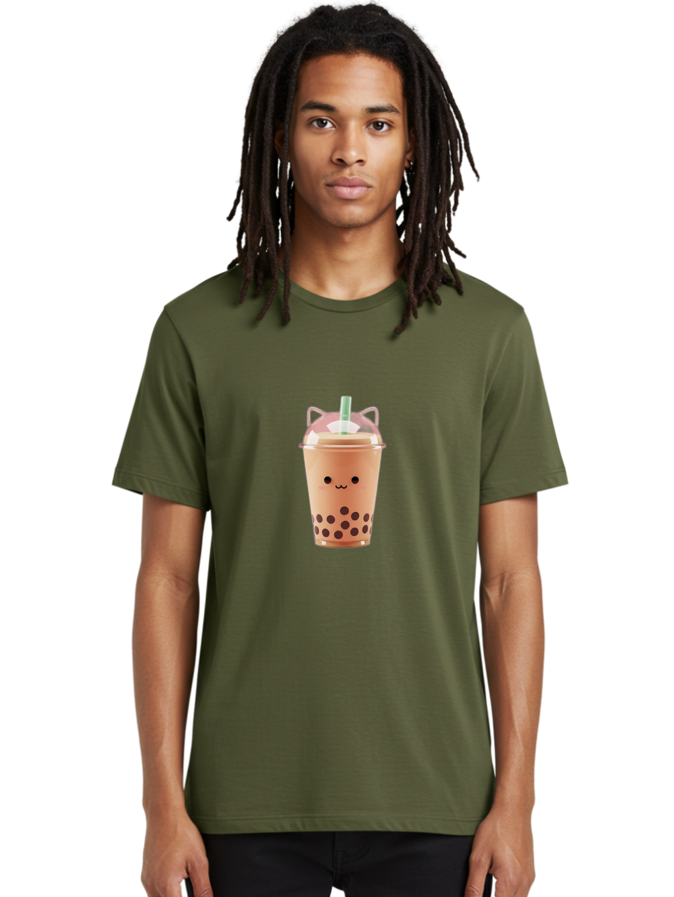 Boba-Tea-2 Men'S Graphic Tee, 100% Cotton, Comfortable Casual Summer Wear, Machine Washable, Bubble Tea, Milk Tea, Boba Drink, Cute Kawaii Design, Cartoon Face, Straw, Tapioca Pearls, Brown Bubbles, Smiling Face, Adorable Beverage, Tea Drink, Bac660
