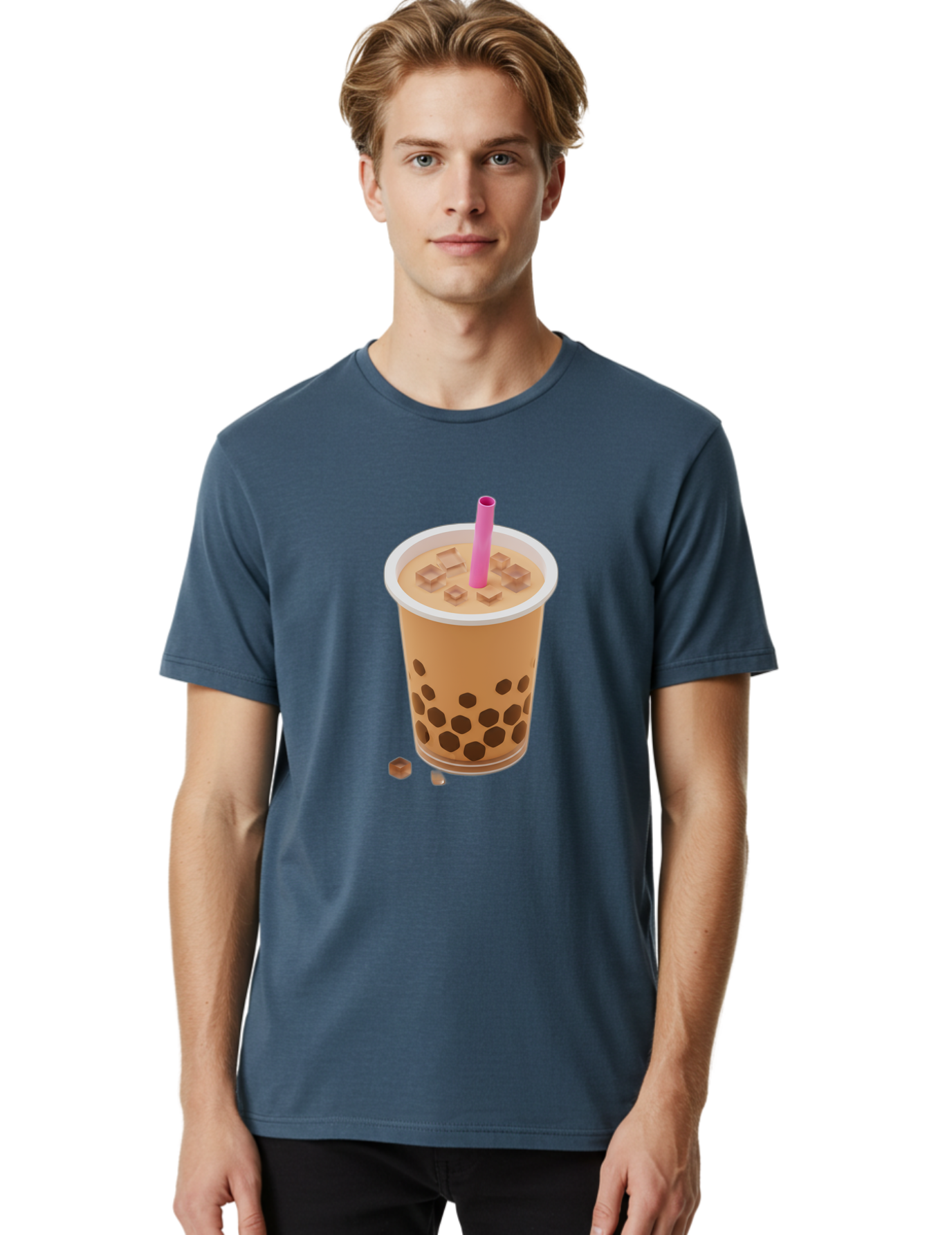 Boba-Tea-4 Men'S Graphic Tee, 100% Cotton, Comfortable Casual Summer Wear, Machine Washable, Boba Milk Tea, Bubble Tea, Milktea, Tapioca Pearls, Coffee Drink, Tea Beverage, Pink Straw, Brown Cubes, Trendy Drink, Refreshing Beverage, Bac662