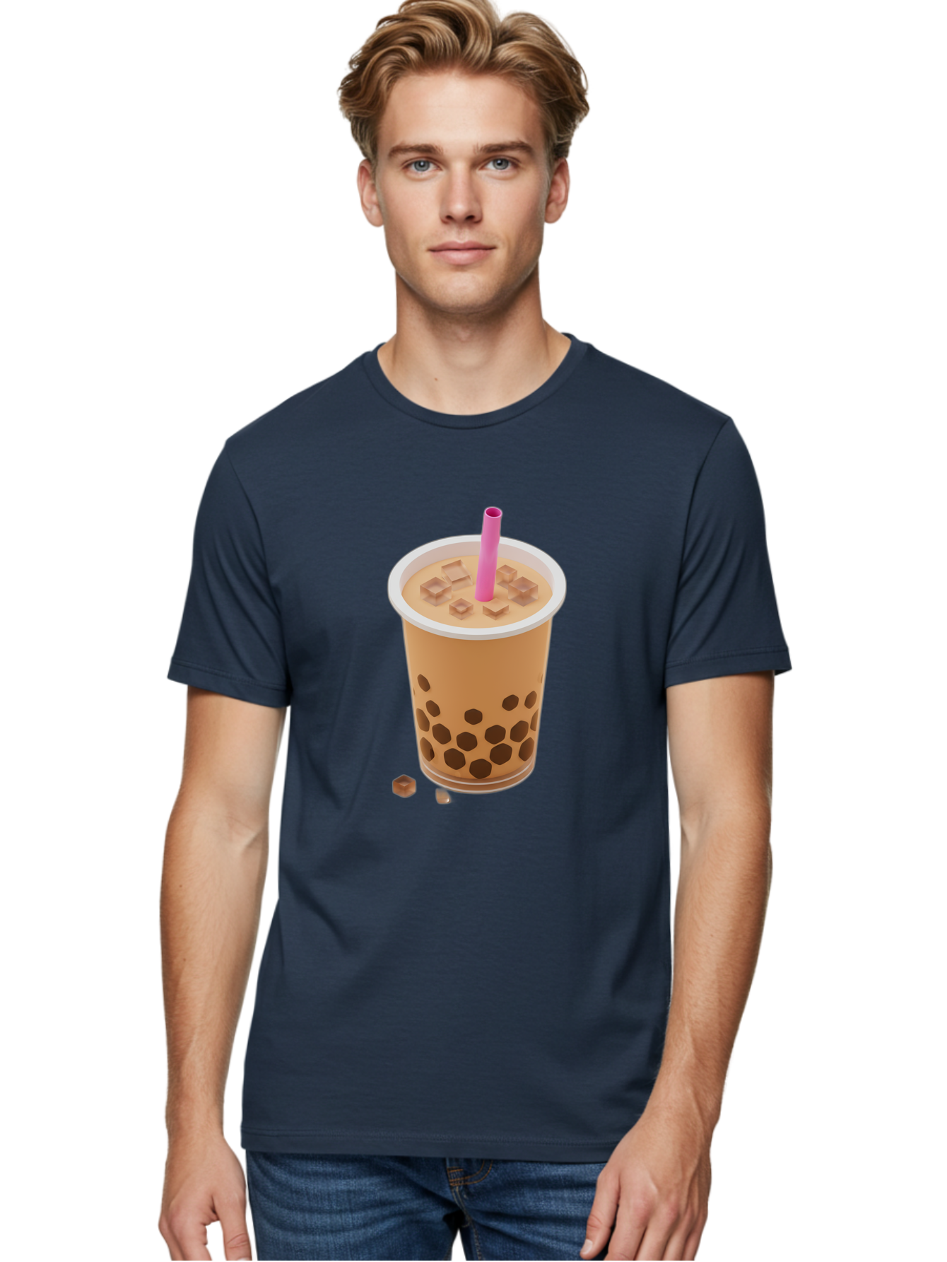 Boba-Tea-4 Men'S Graphic Tee, 100% Cotton, Comfortable Casual Summer Wear, Machine Washable, Boba Milk Tea, Bubble Tea, Milktea, Tapioca Pearls, Coffee Drink, Tea Beverage, Pink Straw, Brown Cubes, Trendy Drink, Refreshing Beverage, Bac662