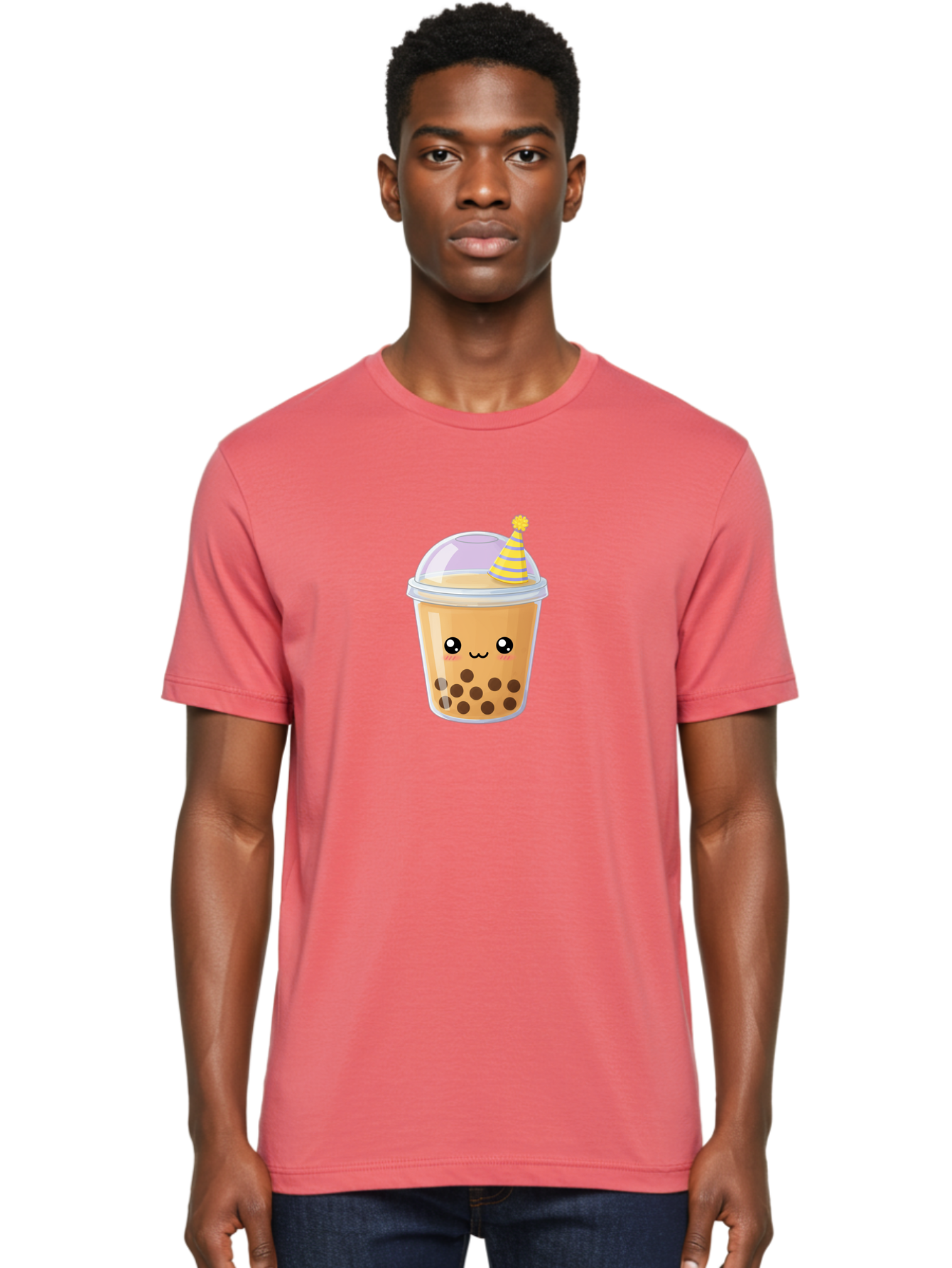 Boba-Tea-6 Men'S Graphic Tee, 100% Cotton, Comfortable Casual Summer Wear, Machine Washable, Bubble Tea, Boba Drink, Cartoon Character, Party Hat, Smiling Face, Tea Bubbles, Festive Drink, Cute Illustration, Kawaii Culture Bac664