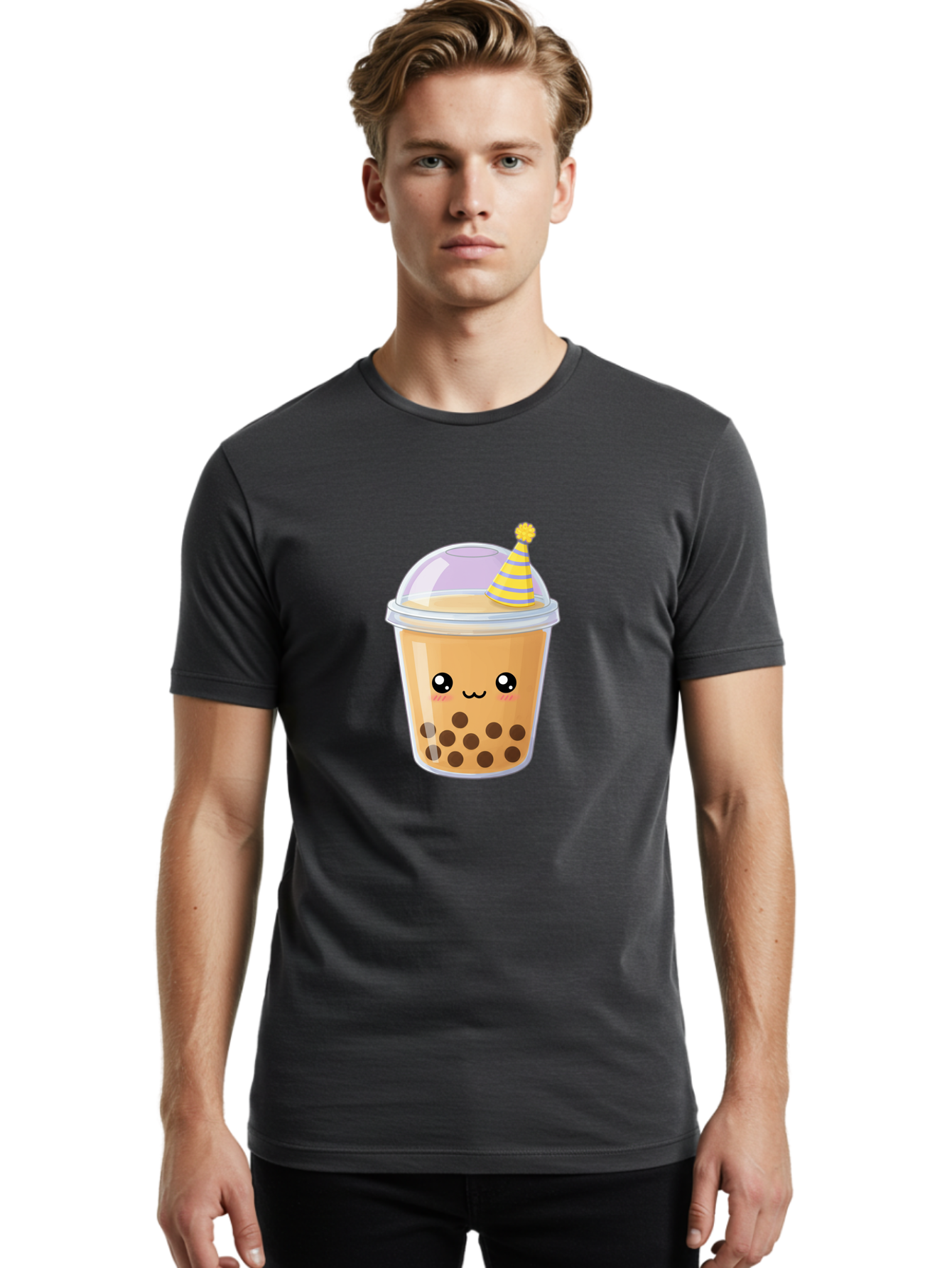 Boba-Tea-6 Men'S Graphic Tee, 100% Cotton, Comfortable Casual Summer Wear, Machine Washable, Bubble Tea, Boba Drink, Cartoon Character, Party Hat, Smiling Face, Tea Bubbles, Festive Drink, Cute Illustration, Kawaii Culture Bac664