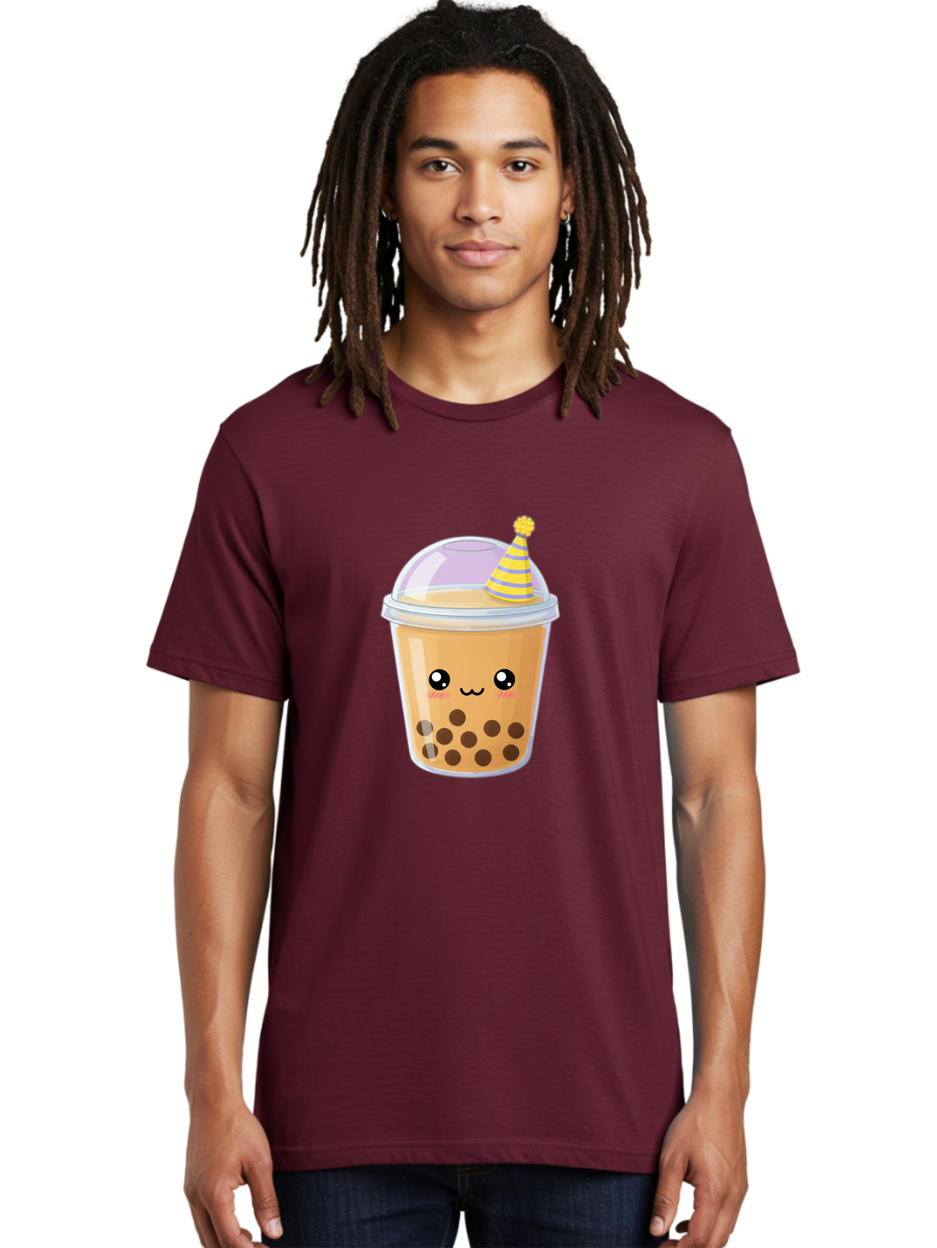 Boba-Tea-6 Men'S Graphic Tee, 100% Cotton, Comfortable Casual Summer Wear, Machine Washable, Bubble Tea, Boba Drink, Cartoon Character, Party Hat, Smiling Face, Tea Bubbles, Festive Drink, Cute Illustration, Kawaii Culture Bac664