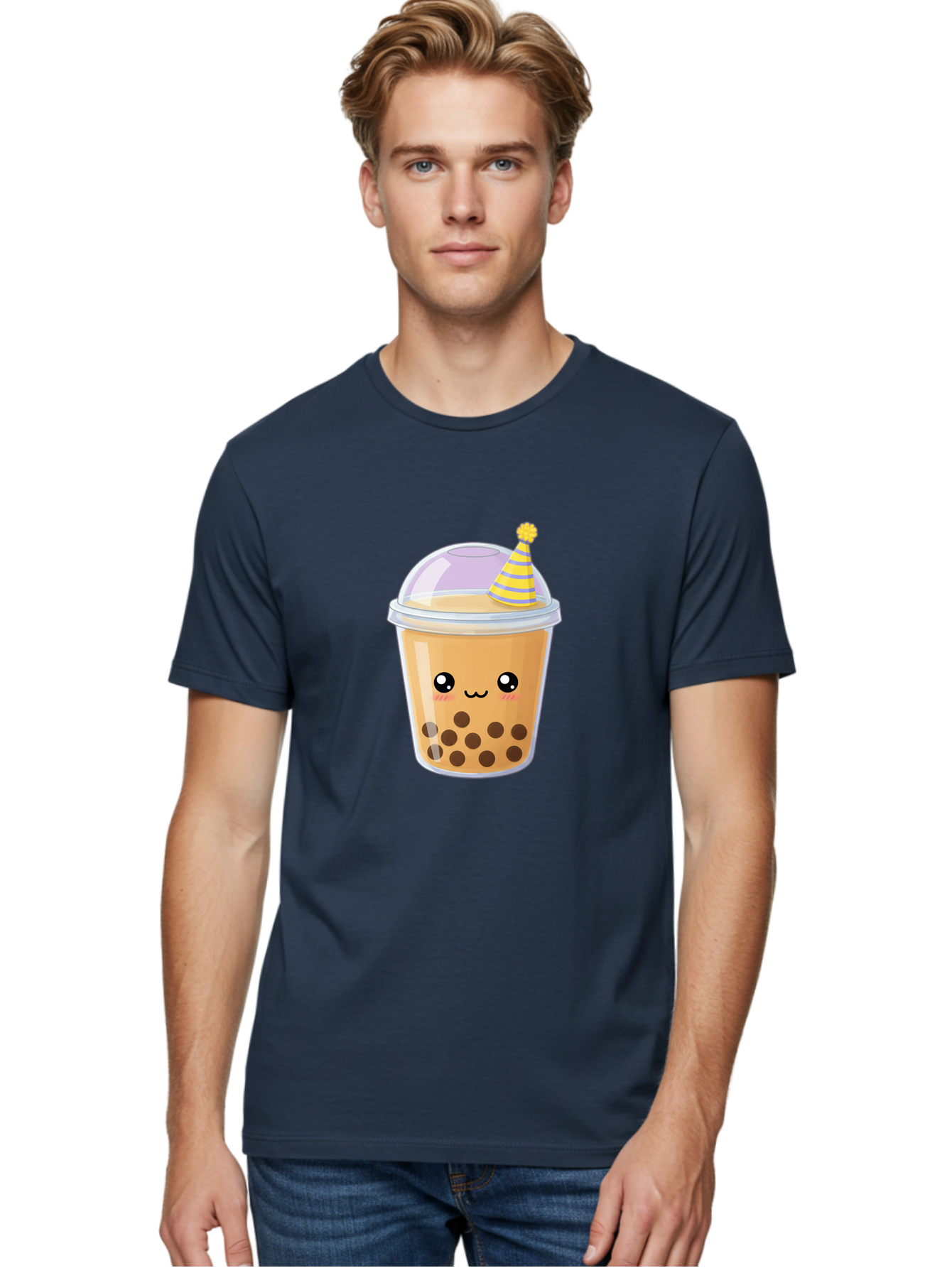 Boba-Tea-6 Men'S Graphic Tee, 100% Cotton, Comfortable Casual Summer Wear, Machine Washable, Bubble Tea, Boba Drink, Cartoon Character, Party Hat, Smiling Face, Tea Bubbles, Festive Drink, Cute Illustration, Kawaii Culture Bac664