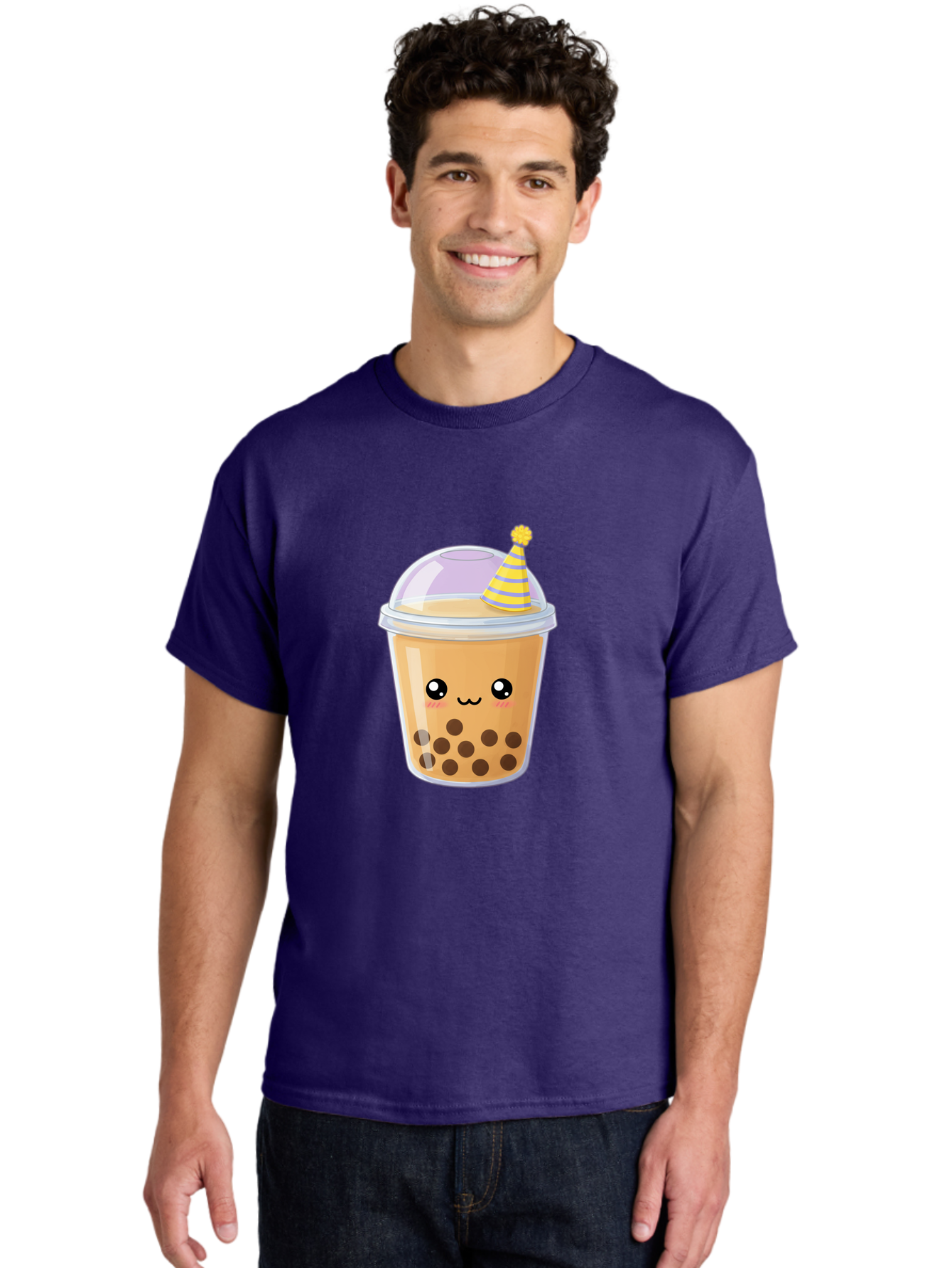 Boba-Tea-6 Men'S Graphic Tee, 100% Cotton, Comfortable Casual Summer Wear, Machine Washable, Bubble Tea, Boba Drink, Cartoon Character, Party Hat, Smiling Face, Tea Bubbles, Festive Drink, Cute Illustration, Kawaii Culture Bac664
