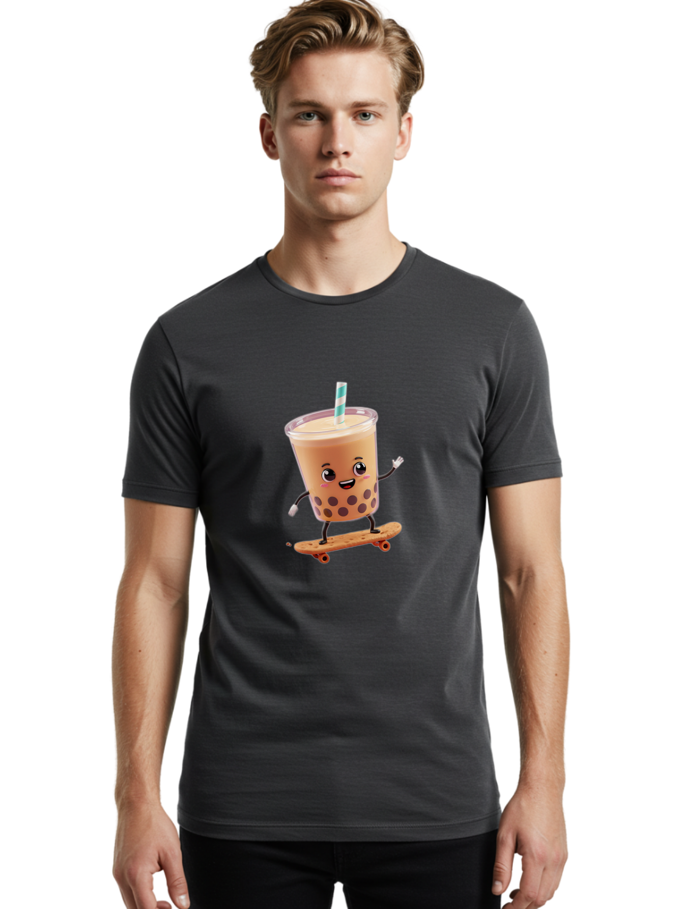Boba-Tea-7 Men'S Graphic Tee, 100% Cotton, Comfortable Casual Summer Wear, Machine Washable, Boba Tea, Cartoon Character, Skateboarding, Fun Beverage, Playful Drink, Milk Tea, Tapioca Pearls, Smiling Face, Straw, Action Pose, Bac665