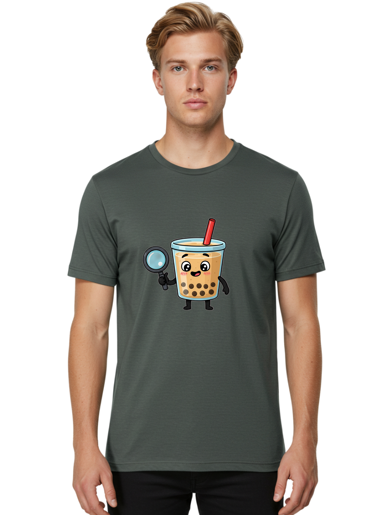 Boba-Tea-8 Men'S Graphic Tee, 100% Cotton, Comfortable Casual Summer Wear, Machine Washable, Boba Tea Character, Cartoon Bubble Tea, Kawaii Boba, Magnifying Glass, Detective Tea, Cute Drink, Bubble Tea Mascot, Tea With Straw, Bac666