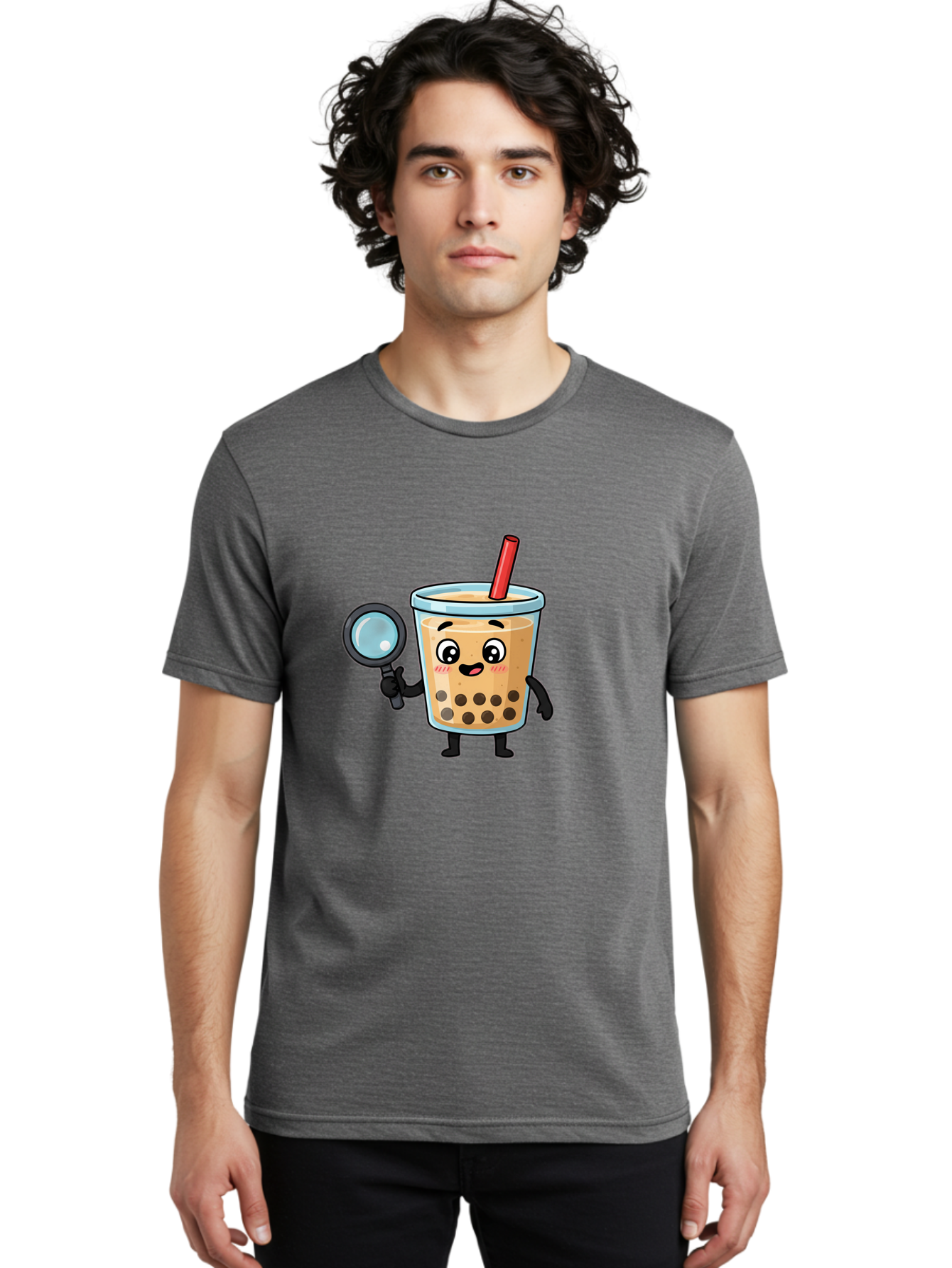 Boba-Tea-8 Men'S Graphic Tee, 100% Cotton, Comfortable Casual Summer Wear, Machine Washable, Boba Tea Character, Cartoon Bubble Tea, Kawaii Boba, Magnifying Glass, Detective Tea, Cute Drink, Bubble Tea Mascot, Tea With Straw, Bac666