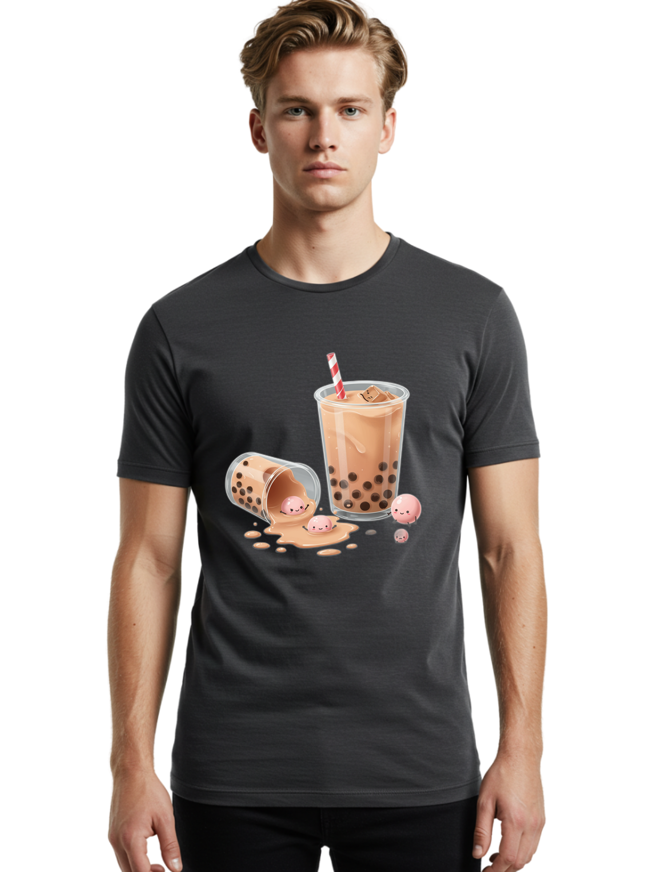 Boba-Tea-9 Men'S Graphic Tee, 100% Cotton, Comfortable Casual Summer Wear, Machine Washable, Boba Tea, Milk Tea, Bubble Tea, Tea Drink, Straw, Tapioca Pearls, Spilled Drink, Kawaii, Cute, Cartoon, Smiling Boba Bac667