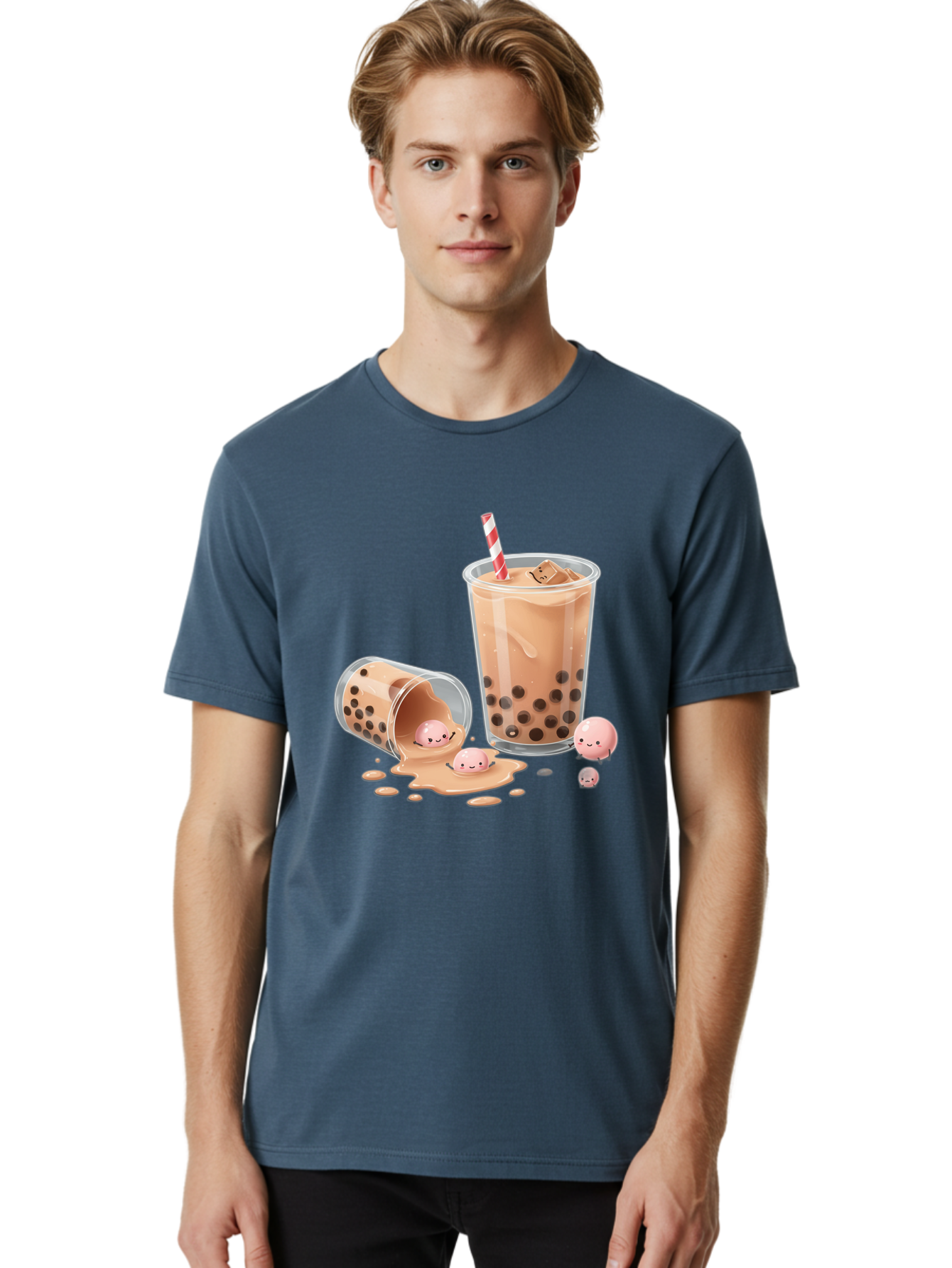 Boba-Tea-9 Men'S Graphic Tee, 100% Cotton, Comfortable Casual Summer Wear, Machine Washable, Boba Tea, Milk Tea, Bubble Tea, Tea Drink, Straw, Tapioca Pearls, Spilled Drink, Kawaii, Cute, Cartoon, Smiling Boba Bac667
