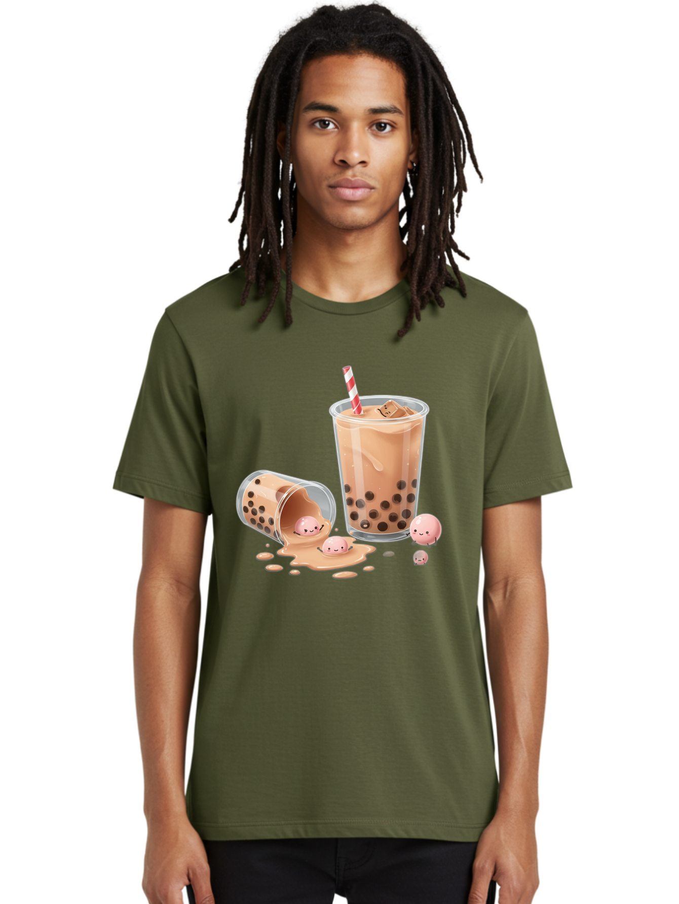 Boba-Tea-9 Men'S Graphic Tee, 100% Cotton, Comfortable Casual Summer Wear, Machine Washable, Boba Tea, Milk Tea, Bubble Tea, Tea Drink, Straw, Tapioca Pearls, Spilled Drink, Kawaii, Cute, Cartoon, Smiling Boba Bac667
