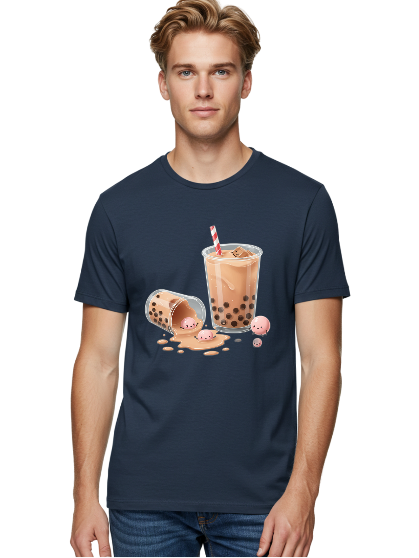 Boba-Tea-9 Men'S Graphic Tee, 100% Cotton, Comfortable Casual Summer Wear, Machine Washable, Boba Tea, Milk Tea, Bubble Tea, Tea Drink, Straw, Tapioca Pearls, Spilled Drink, Kawaii, Cute, Cartoon, Smiling Boba Bac667