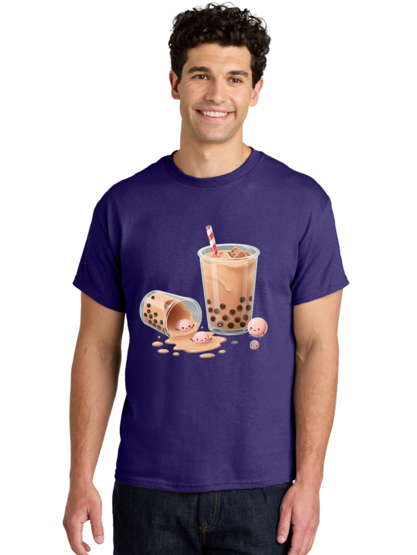 Boba-Tea-9 Men'S Graphic Tee, 100% Cotton, Comfortable Casual Summer Wear, Machine Washable, Boba Tea, Milk Tea, Bubble Tea, Tea Drink, Straw, Tapioca Pearls, Spilled Drink, Kawaii, Cute, Cartoon, Smiling Boba Bac667