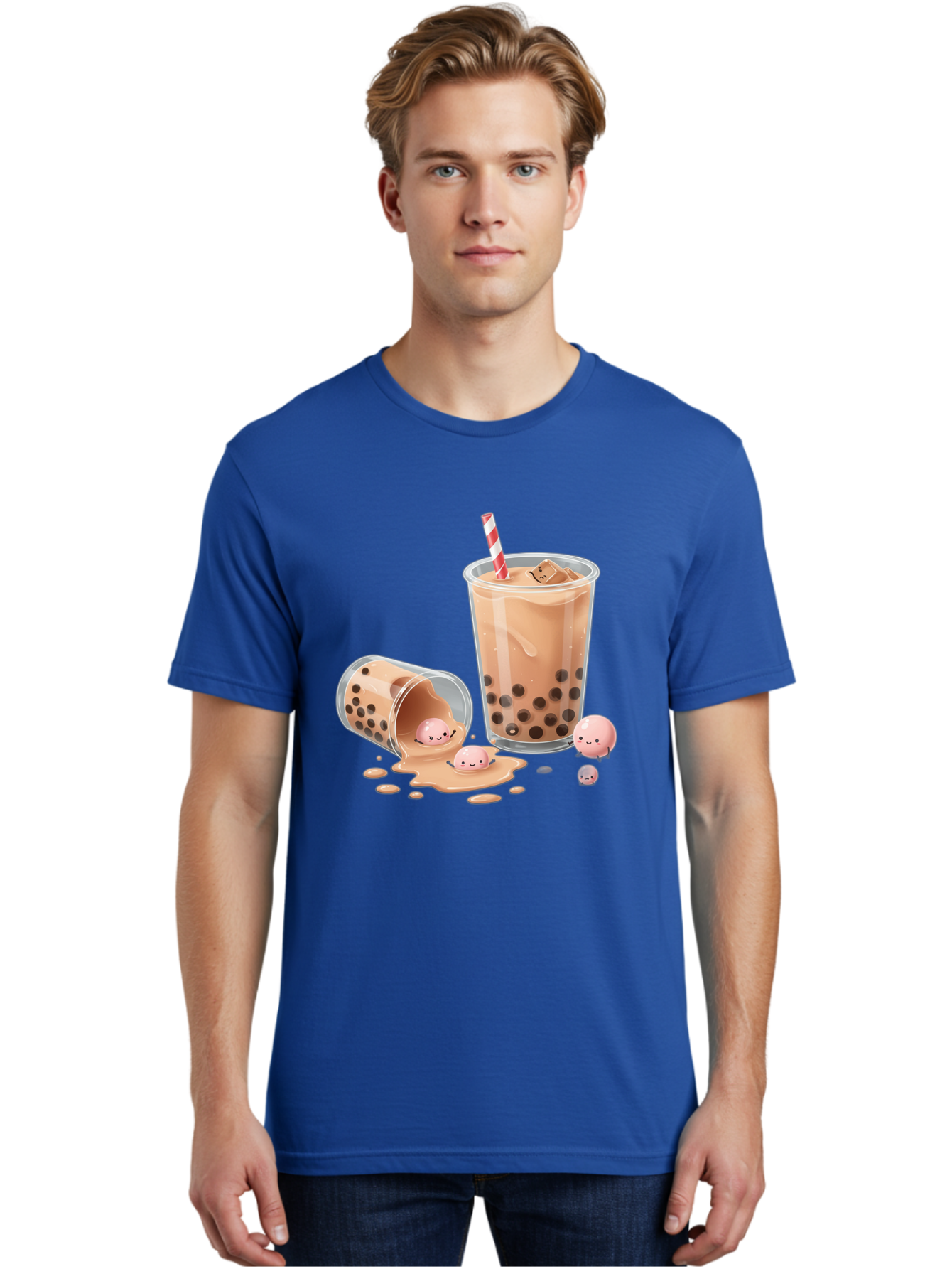 Boba-Tea-9 Men'S Graphic Tee, 100% Cotton, Comfortable Casual Summer Wear, Machine Washable, Boba Tea, Milk Tea, Bubble Tea, Tea Drink, Straw, Tapioca Pearls, Spilled Drink, Kawaii, Cute, Cartoon, Smiling Boba Bac667