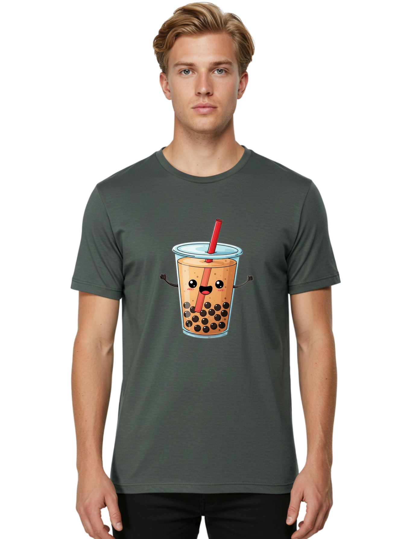 Boba-Tea-Cartoon Men'S Graphic Tee, 100% Cotton, Comfortable Casual Summer Wear, Machine Washable, Cartoon Bubble Tea, Boba Drink, Milk Tea With Straw, Cute Beverage, Fun Character, Kawaii Culture, Asian Drink, Trendy Refreshment, Bac668