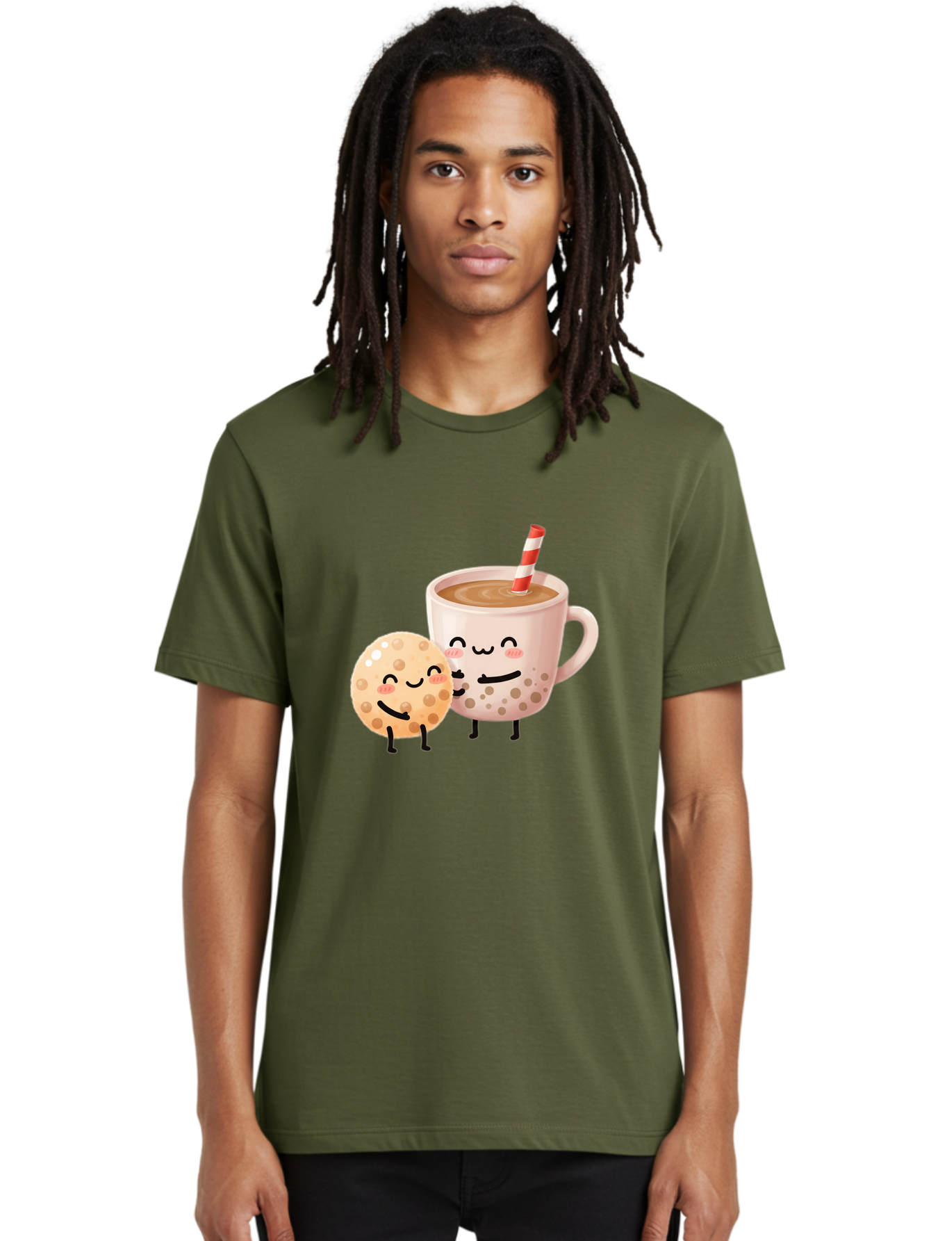 Boba-Tea-Characters Men'S Graphic Tee, 100% Cotton, Comfortable Casual Summer Wear, Machine Washable, Boba Tea, Milk Tea, Bubble Tea, Cartoon Characters, Smiling Faces, Happy Faces, Tea Cup, Tapioca Pearls, Cute Illustration, Kawaii Art, Bac669
