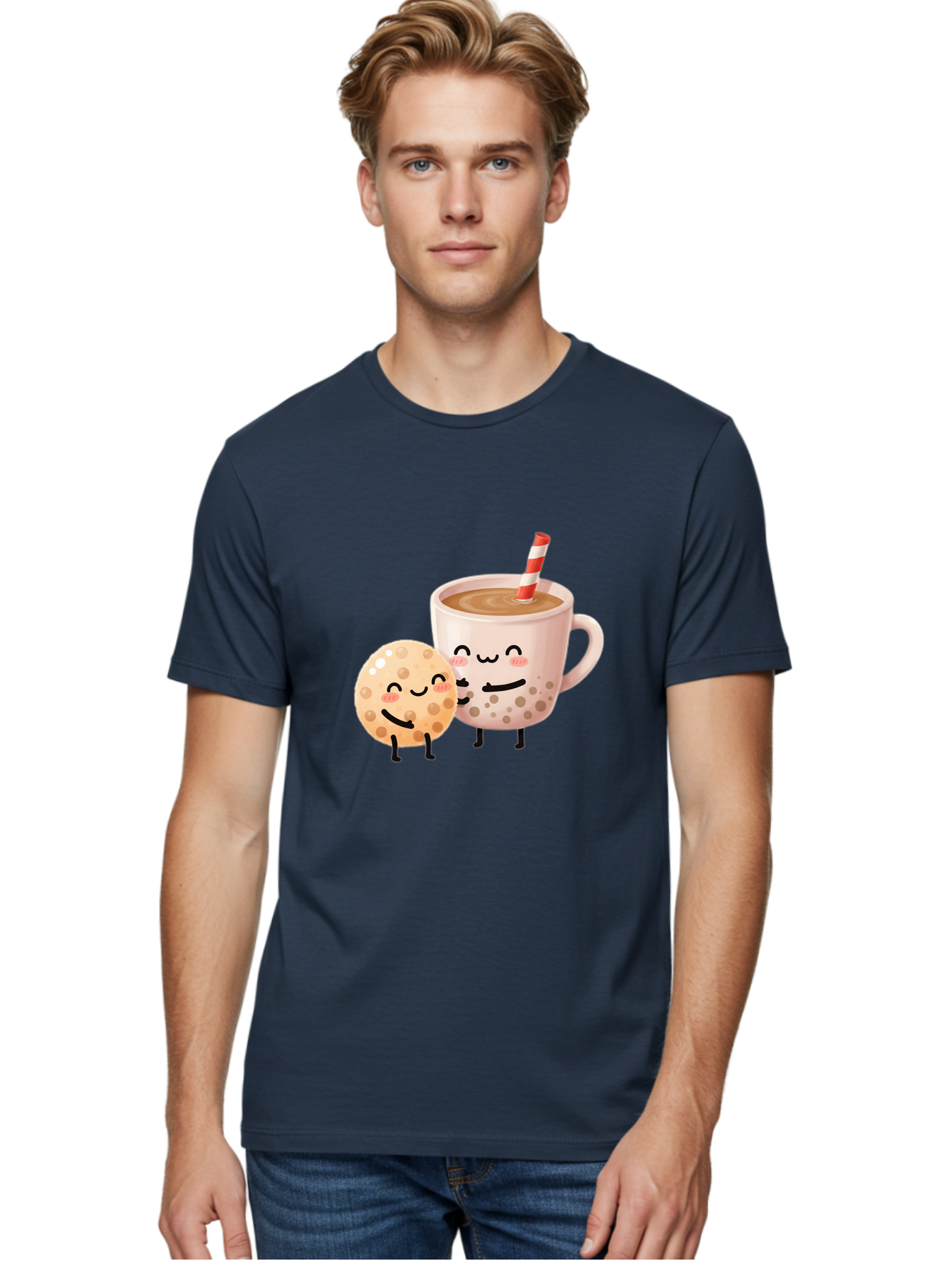 Boba-Tea-Characters Men'S Graphic Tee, 100% Cotton, Comfortable Casual Summer Wear, Machine Washable, Boba Tea, Milk Tea, Bubble Tea, Cartoon Characters, Smiling Faces, Happy Faces, Tea Cup, Tapioca Pearls, Cute Illustration, Kawaii Art, Bac669