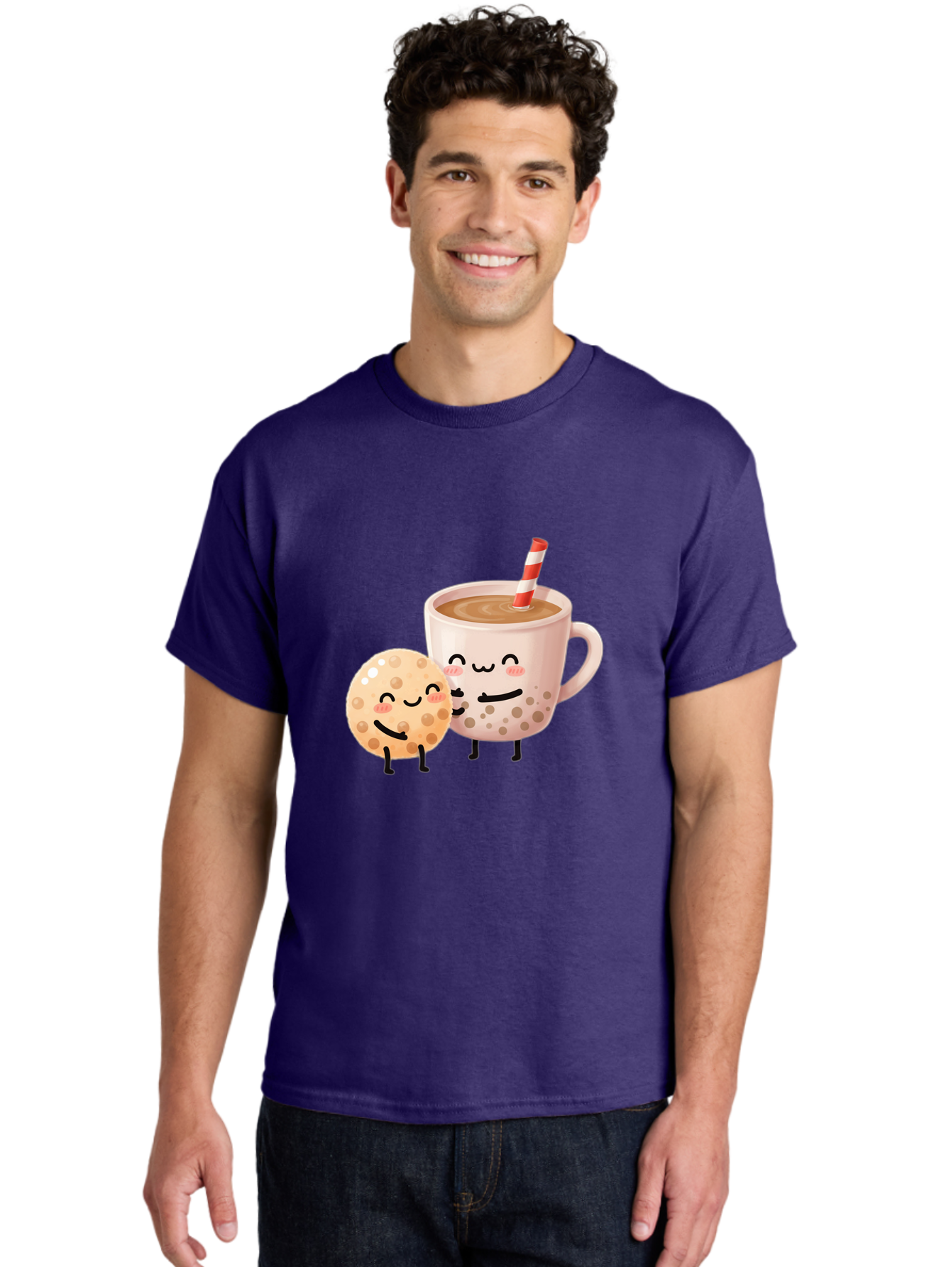 Boba-Tea-Characters Men'S Graphic Tee, 100% Cotton, Comfortable Casual Summer Wear, Machine Washable, Boba Tea, Milk Tea, Bubble Tea, Cartoon Characters, Smiling Faces, Happy Faces, Tea Cup, Tapioca Pearls, Cute Illustration, Kawaii Art, Bac669
