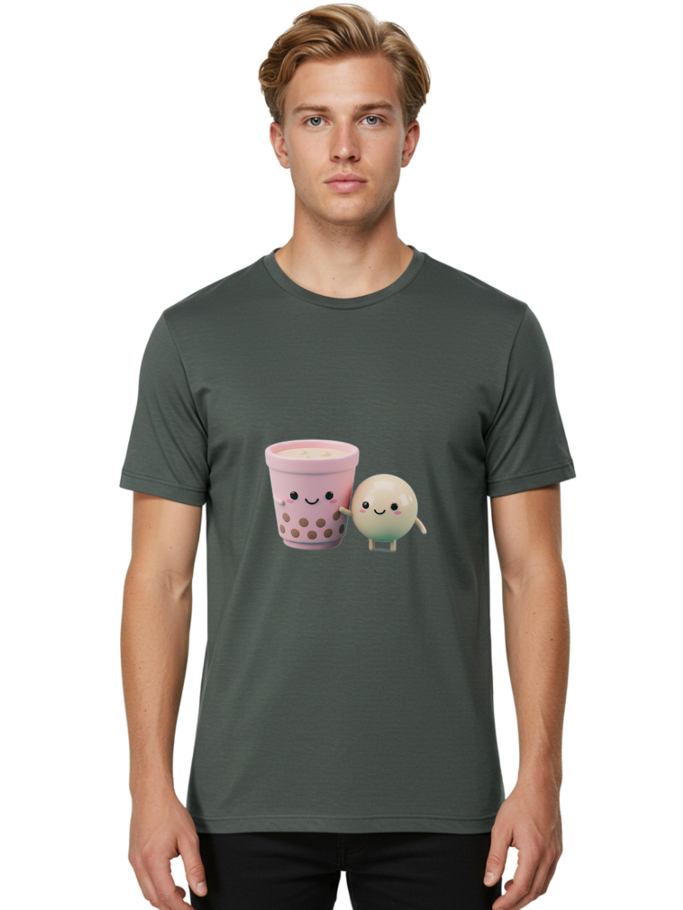 Boba-Tea-Friends Men'S Graphic Tee, 100% Cotton, Comfortable Casual Summer Wear, Machine Washable, Boba Tea, Milk Tea, Bubble Tea, Cute Cartoon Characters, Kawaii Culture, Japanese Pop Culture, Adorable Smile, Happy Face, Smiling Boba, Bac670