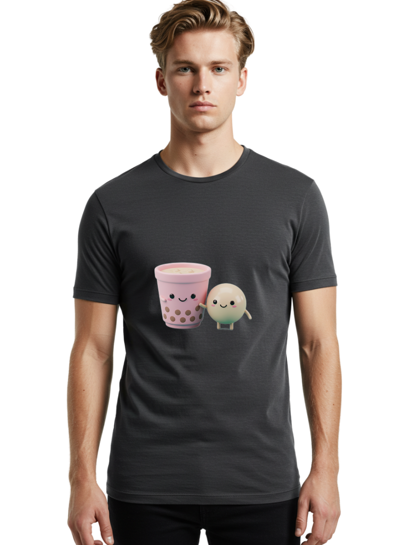 Boba-Tea-Friends Men'S Graphic Tee, 100% Cotton, Comfortable Casual Summer Wear, Machine Washable, Boba Tea, Milk Tea, Bubble Tea, Cute Cartoon Characters, Kawaii Culture, Japanese Pop Culture, Adorable Smile, Happy Face, Smiling Boba, Bac670