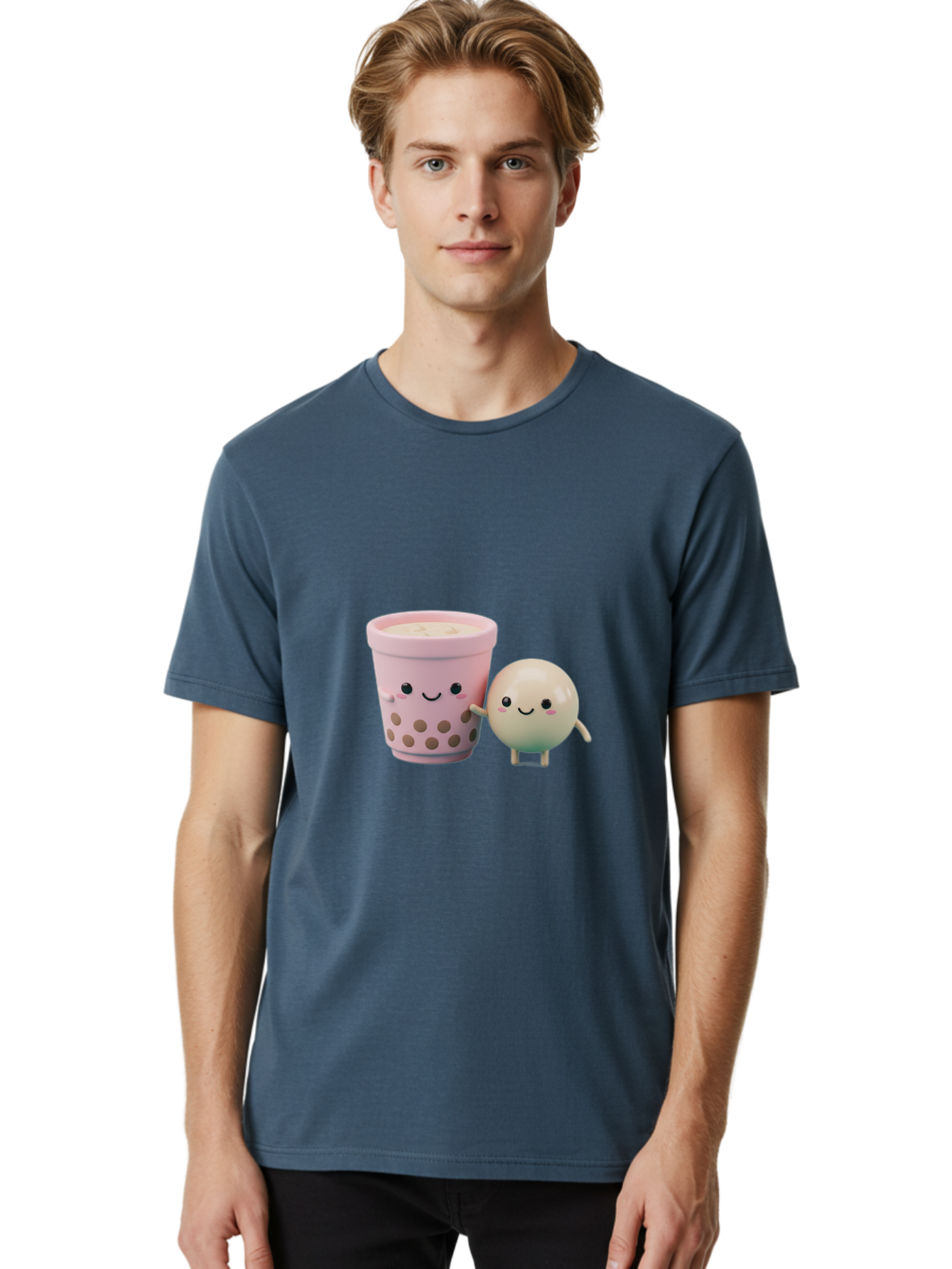 Boba-Tea-Friends Men'S Graphic Tee, 100% Cotton, Comfortable Casual Summer Wear, Machine Washable, Boba Tea, Milk Tea, Bubble Tea, Cute Cartoon Characters, Kawaii Culture, Japanese Pop Culture, Adorable Smile, Happy Face, Smiling Boba, Bac670