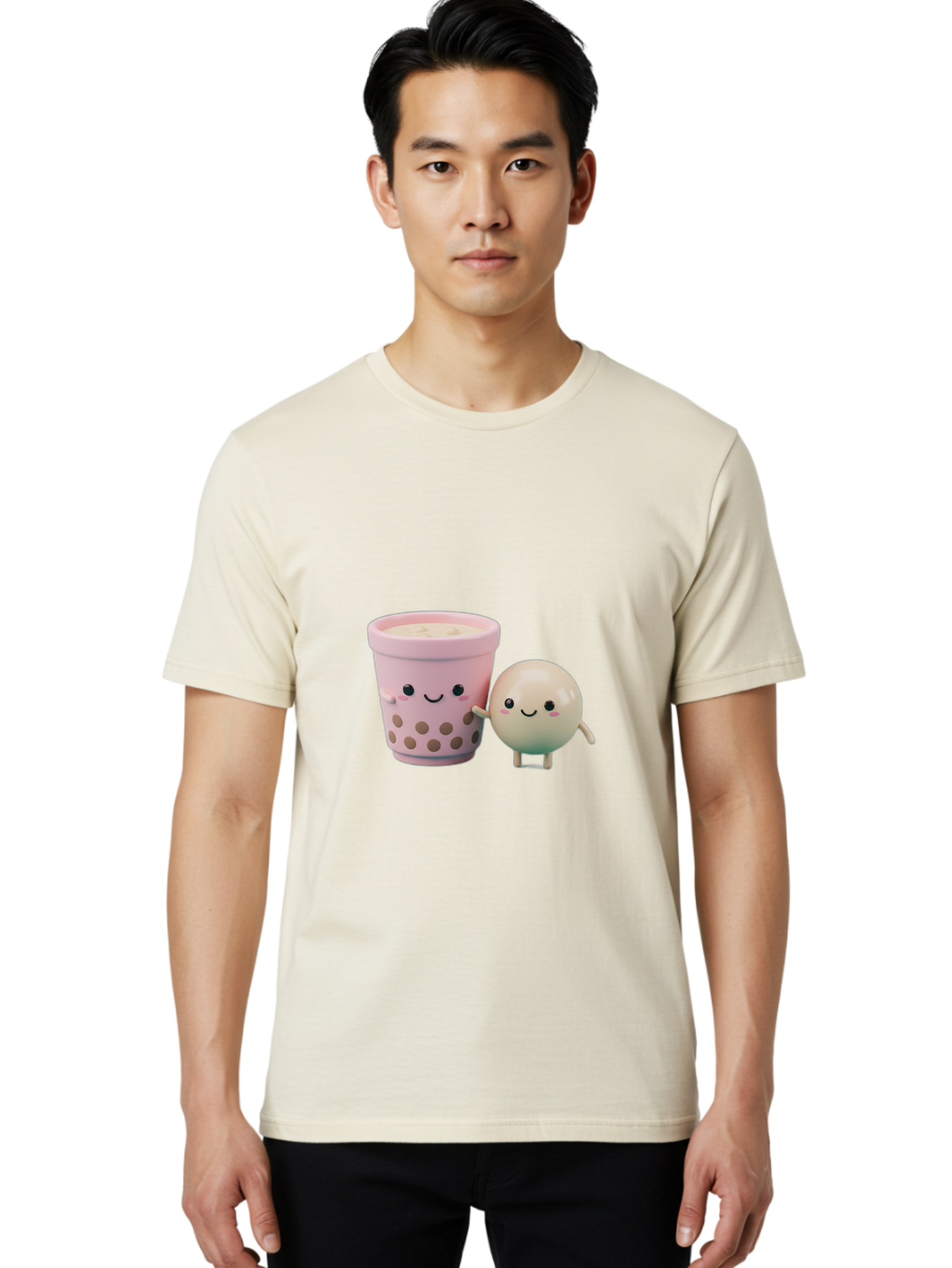 Boba-Tea-Friends Men'S Graphic Tee, 100% Cotton, Comfortable Casual Summer Wear, Machine Washable, Boba Tea, Milk Tea, Bubble Tea, Cute Cartoon Characters, Kawaii Culture, Japanese Pop Culture, Adorable Smile, Happy Face, Smiling Boba, Bac670
