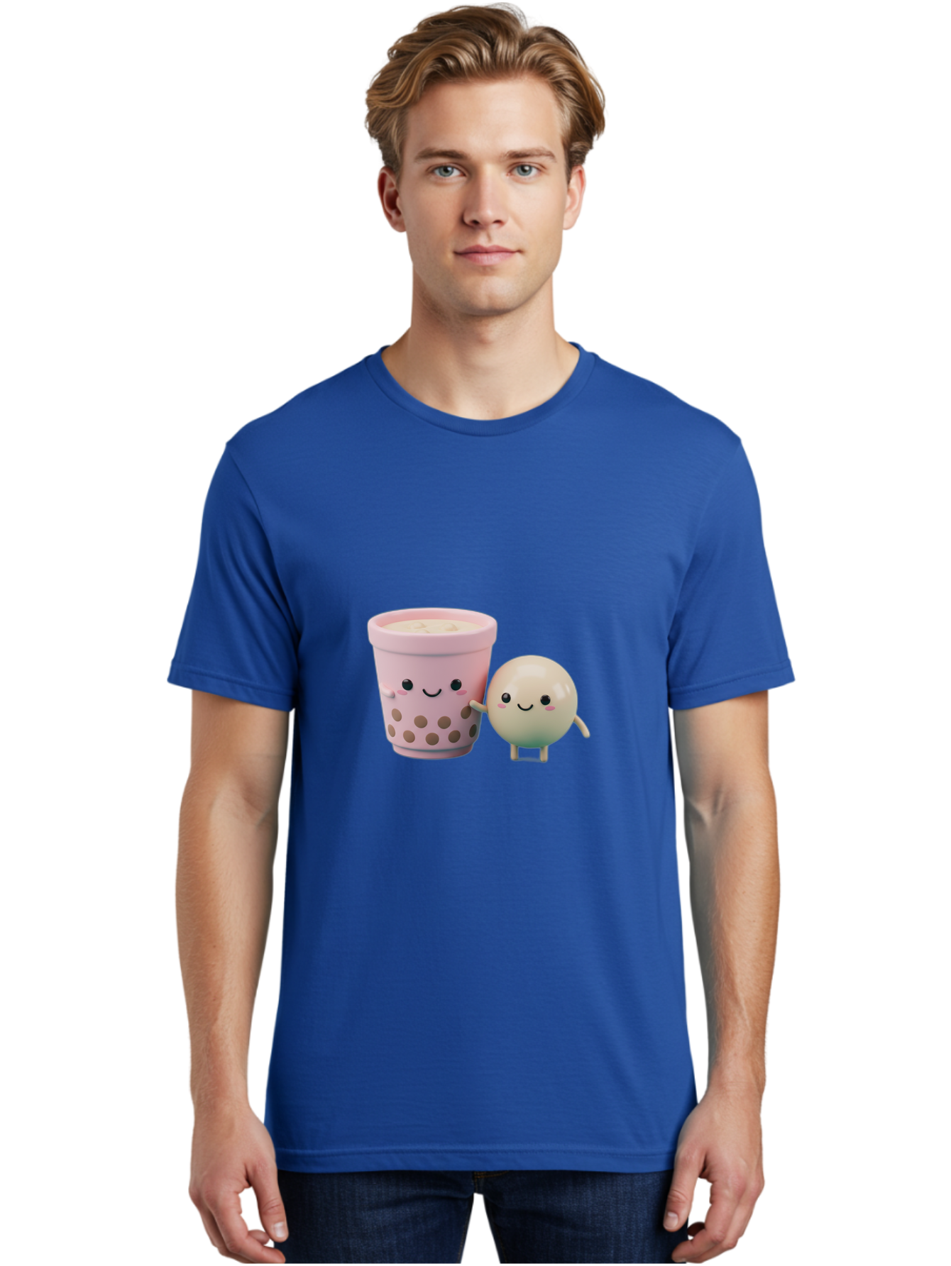 Boba-Tea-Friends Men'S Graphic Tee, 100% Cotton, Comfortable Casual Summer Wear, Machine Washable, Boba Tea, Milk Tea, Bubble Tea, Cute Cartoon Characters, Kawaii Culture, Japanese Pop Culture, Adorable Smile, Happy Face, Smiling Boba, Bac670