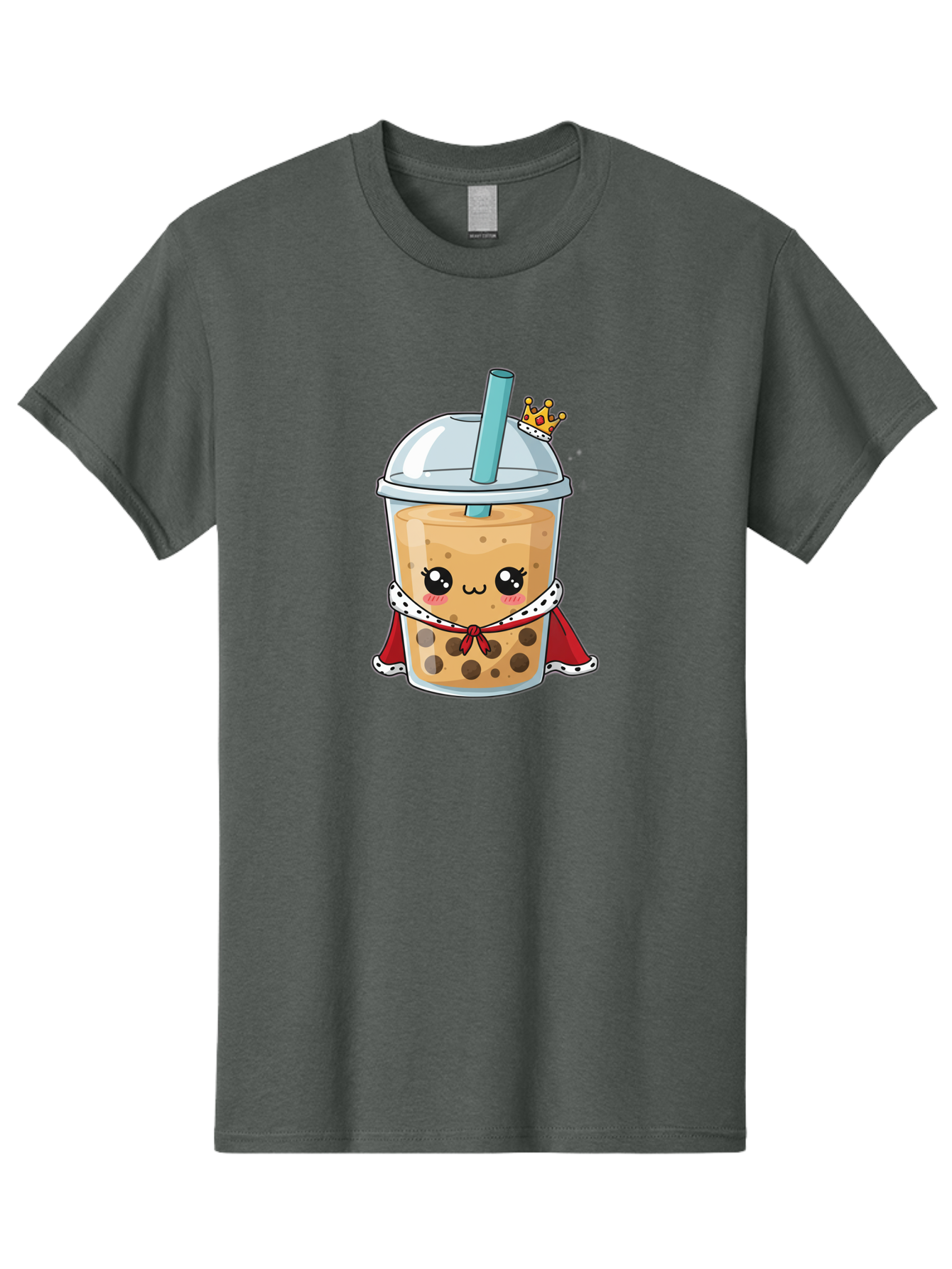 Boba-Tea-King Men'S Graphic Tee, 100% Cotton, Comfortable Casual Summer Wear, Machine Washable, Cute Boba Tea, Cartoon Character, Milk Tea, Bubble Tea, Boba Drink, Royal Crown, Red Cape, White Trim, Kawaii, Boba Lover, Tea Enthusiast Bac671