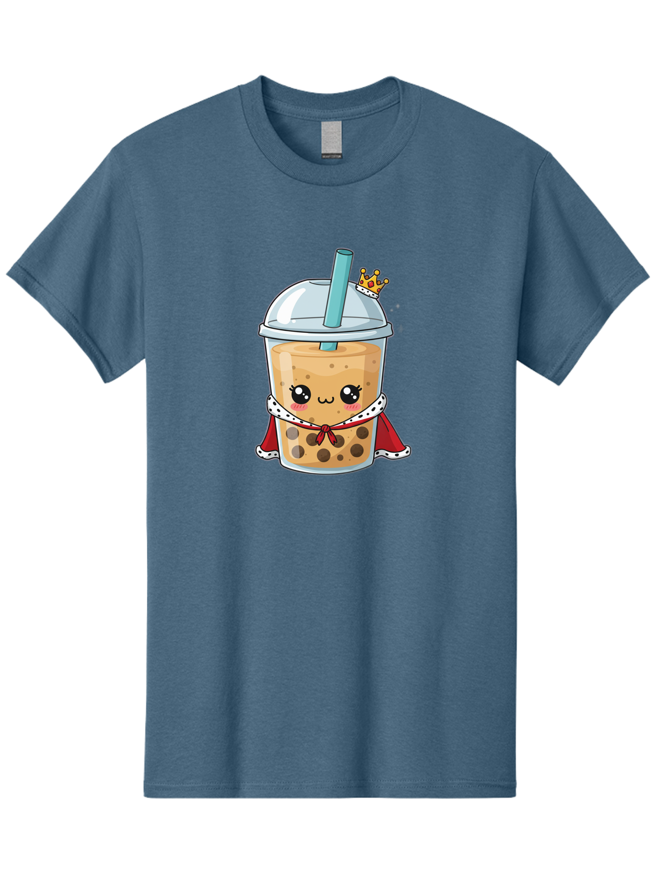 Boba-Tea-King Men'S Graphic Tee, 100% Cotton, Comfortable Casual Summer Wear, Machine Washable, Cute Boba Tea, Cartoon Character, Milk Tea, Bubble Tea, Boba Drink, Royal Crown, Red Cape, White Trim, Kawaii, Boba Lover, Tea Enthusiast Bac671