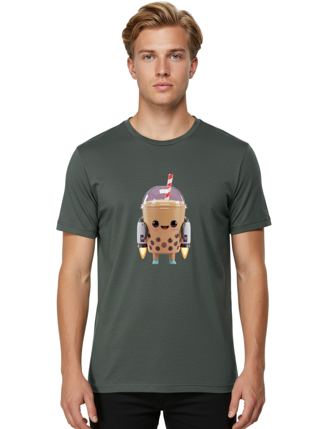 Boba-Tea-Robot Men'S Graphic Tee, 100% Cotton, Comfortable Casual Summer Wear, Machine Washable, Boba Tea, Robot Character, Cute Design, Anthropomorphic Drink, Straw, Robotic Arms, Bubble Tea, Kawaii, 3D Illustration Bac672