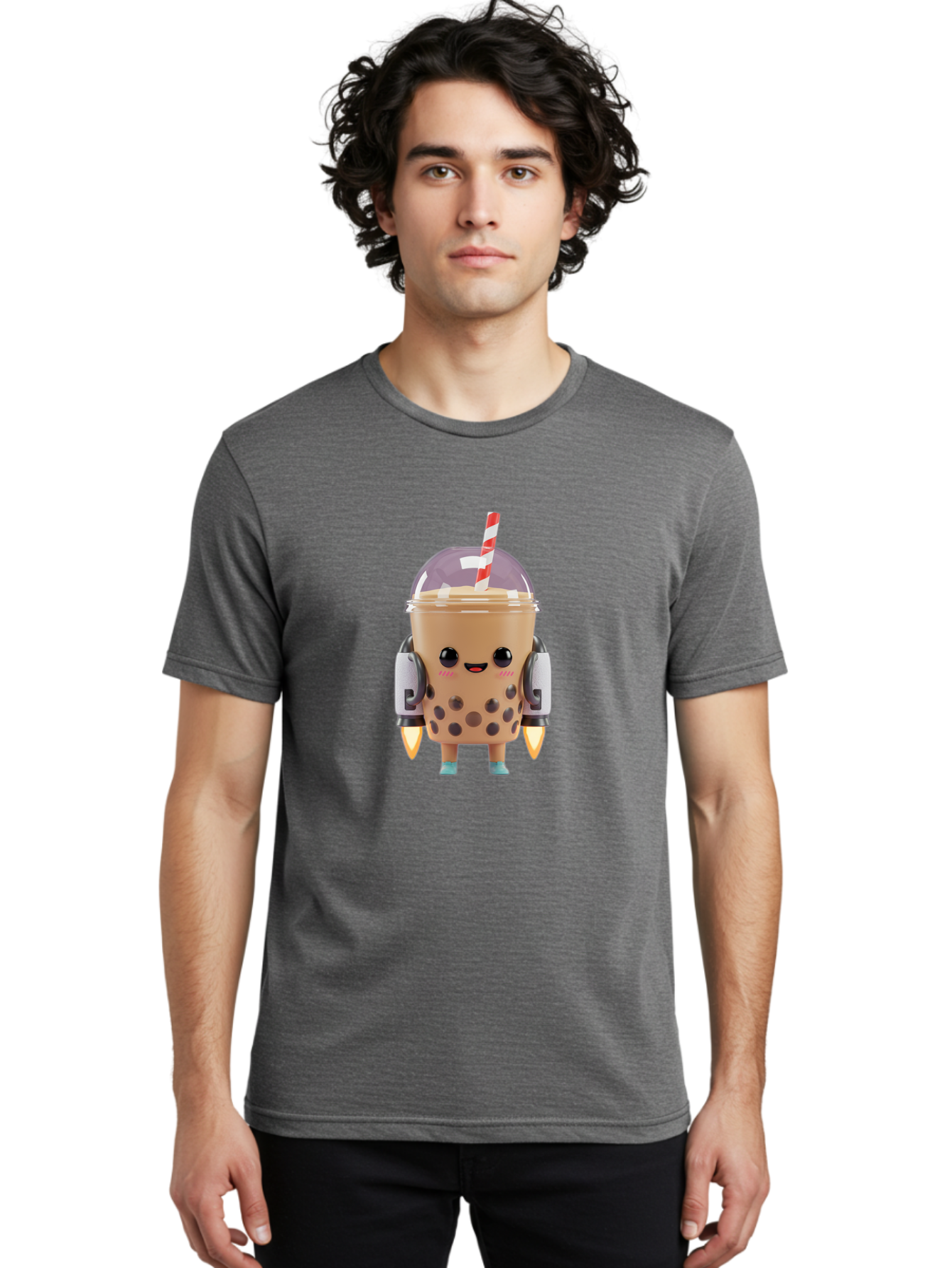 Boba-Tea-Robot Men'S Graphic Tee, 100% Cotton, Comfortable Casual Summer Wear, Machine Washable, Boba Tea, Robot Character, Cute Design, Anthropomorphic Drink, Straw, Robotic Arms, Bubble Tea, Kawaii, 3D Illustration Bac672