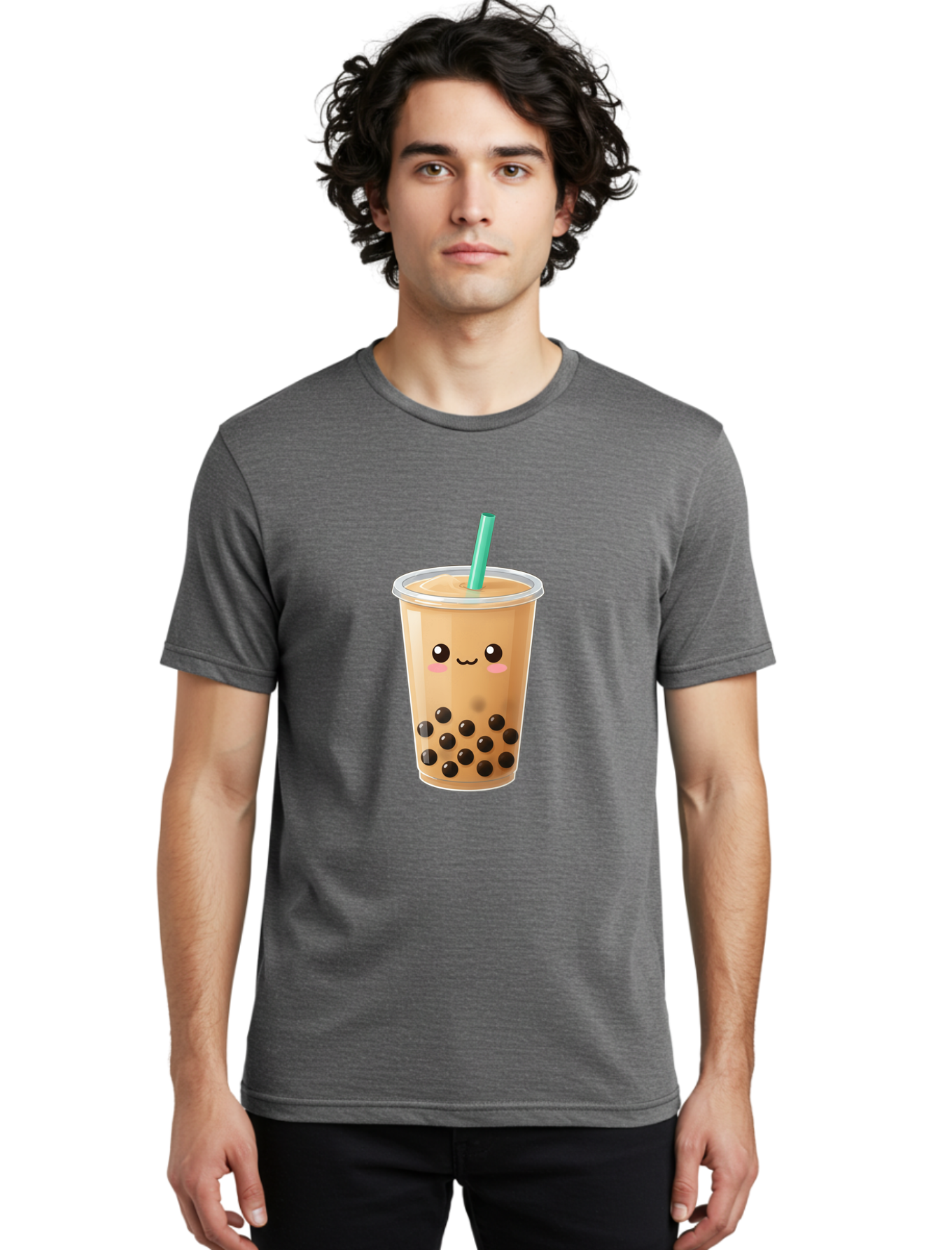 Boba-Tea Men'S Graphic Tee, 100% Cotton, Comfortable Casual Summer Wear, Machine Washable, Milk Tea, Boba Drink, Bubble Tea, Cartoon Character, Cute Illustration, Tea With Tapioca Pearls, Adorable Face, Smiling Beverage, Tea Culture, Bac673