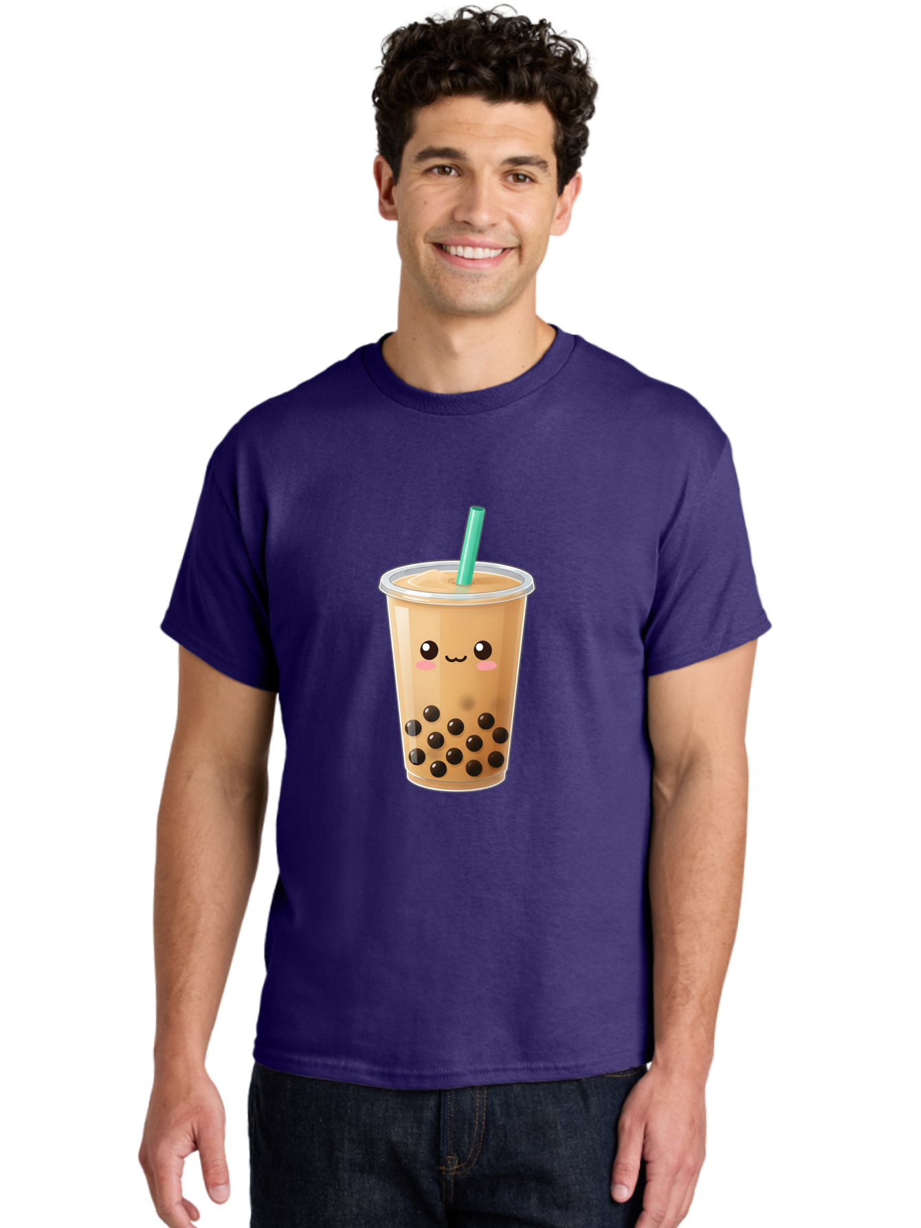 Boba-Tea Men'S Graphic Tee, 100% Cotton, Comfortable Casual Summer Wear, Machine Washable, Milk Tea, Boba Drink, Bubble Tea, Cartoon Character, Cute Illustration, Tea With Tapioca Pearls, Adorable Face, Smiling Beverage, Tea Culture, Bac673