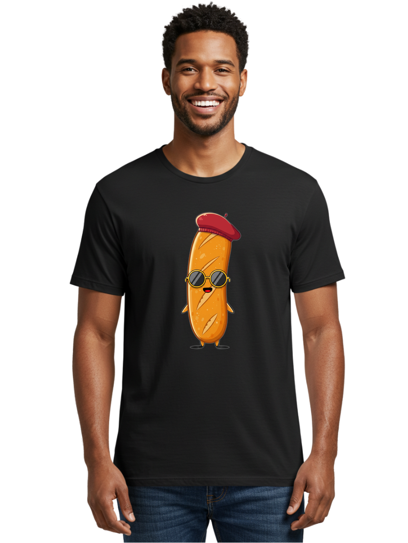 Bread-Mascot Men'S Graphic Tee, 100% Cotton, Comfortable Casual Summer Wear, Machine Washable, Cartoon Hot Dog, Wearing Sunglasses, Red Beret, French-Inspired, Quirky Character, Humorous Illustration, Trendy Food, Fun Graphics, Bac681