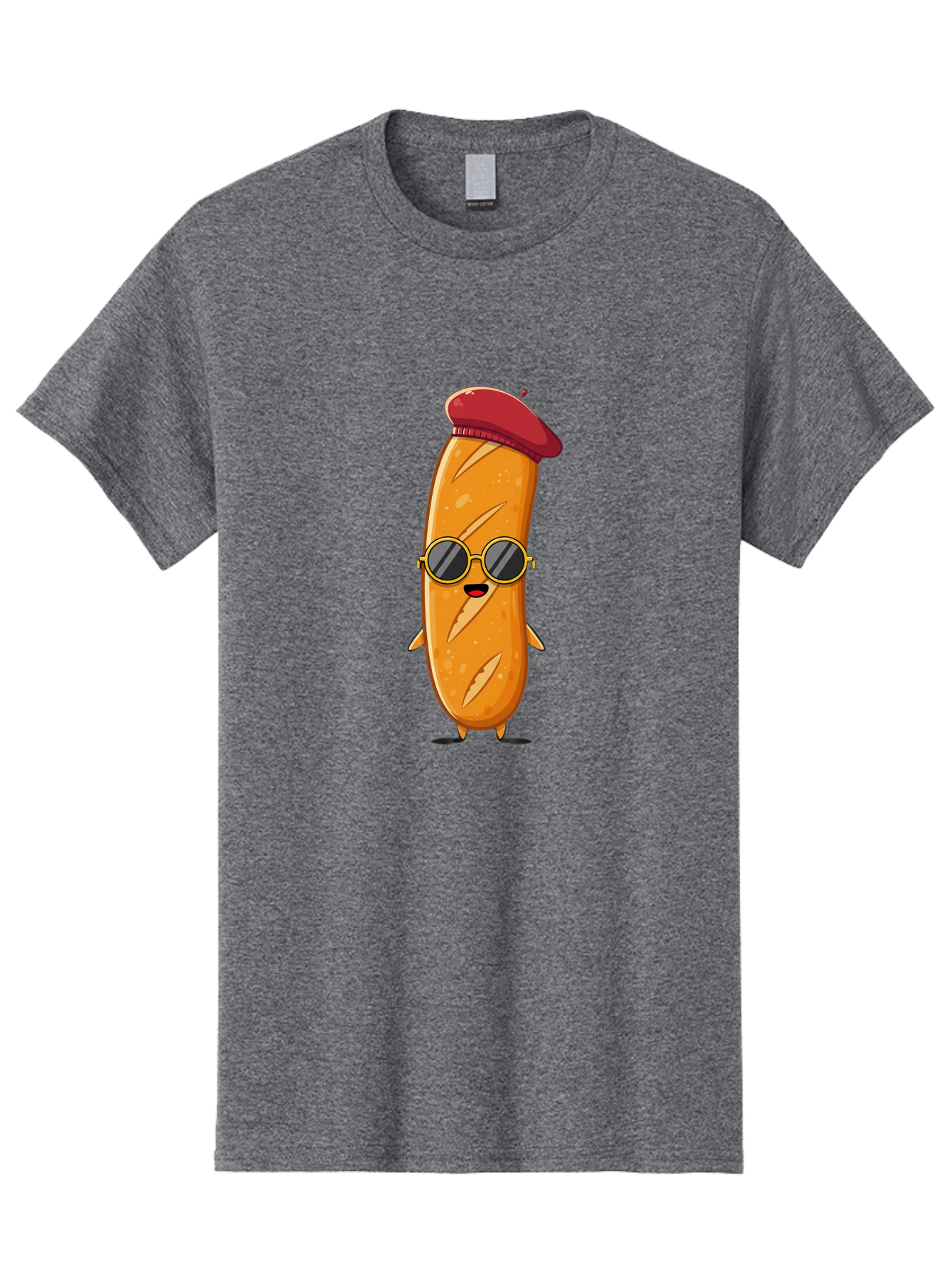 Bread-Mascot Men'S Graphic Tee, 100% Cotton, Comfortable Casual Summer Wear, Machine Washable, Cartoon Hot Dog, Wearing Sunglasses, Red Beret, French-Inspired, Quirky Character, Humorous Illustration, Trendy Food, Fun Graphics, Bac681