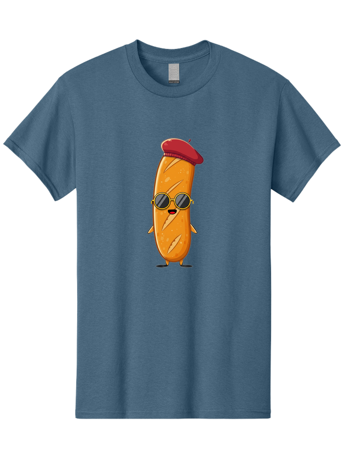 Bread-Mascot Men'S Graphic Tee, 100% Cotton, Comfortable Casual Summer Wear, Machine Washable, Cartoon Hot Dog, Wearing Sunglasses, Red Beret, French-Inspired, Quirky Character, Humorous Illustration, Trendy Food, Fun Graphics, Bac681