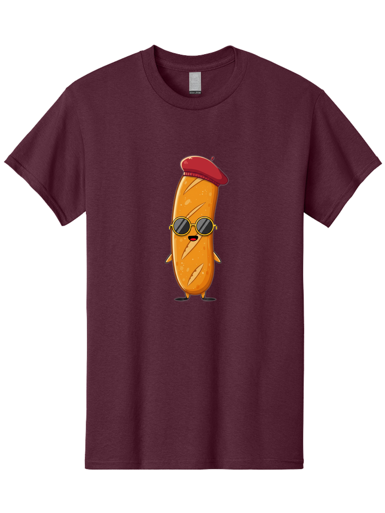 Bread-Mascot Men'S Graphic Tee, 100% Cotton, Comfortable Casual Summer Wear, Machine Washable, Cartoon Hot Dog, Wearing Sunglasses, Red Beret, French-Inspired, Quirky Character, Humorous Illustration, Trendy Food, Fun Graphics, Bac681