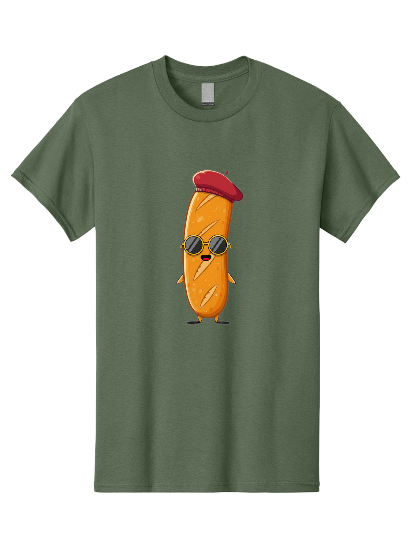 Bread-Mascot Men'S Graphic Tee, 100% Cotton, Comfortable Casual Summer Wear, Machine Washable, Cartoon Hot Dog, Wearing Sunglasses, Red Beret, French-Inspired, Quirky Character, Humorous Illustration, Trendy Food, Fun Graphics, Bac681
