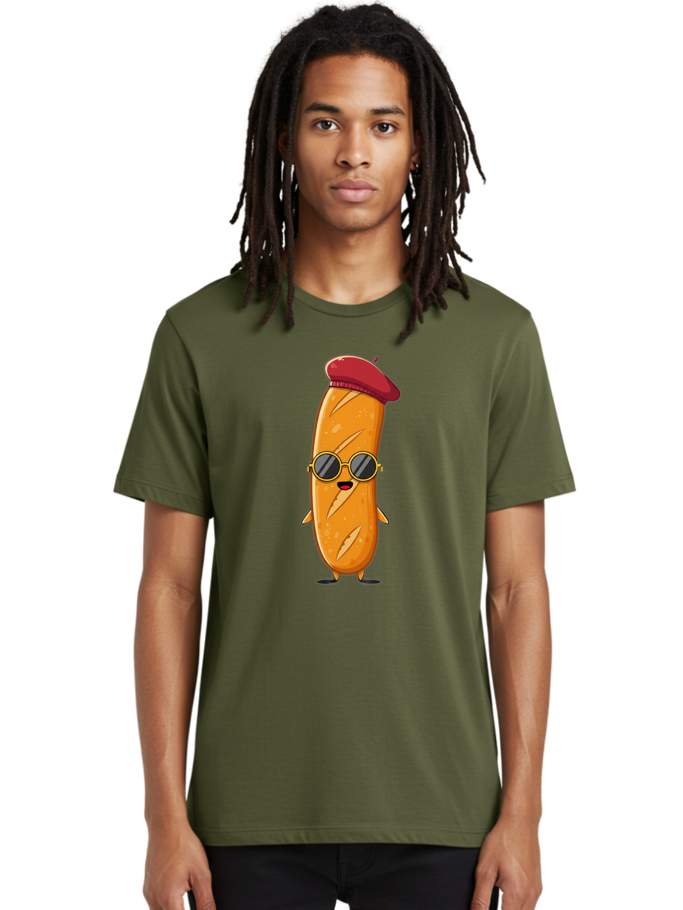 Bread-Mascot Men'S Graphic Tee, 100% Cotton, Comfortable Casual Summer Wear, Machine Washable, Cartoon Hot Dog, Wearing Sunglasses, Red Beret, French-Inspired, Quirky Character, Humorous Illustration, Trendy Food, Fun Graphics, Bac681