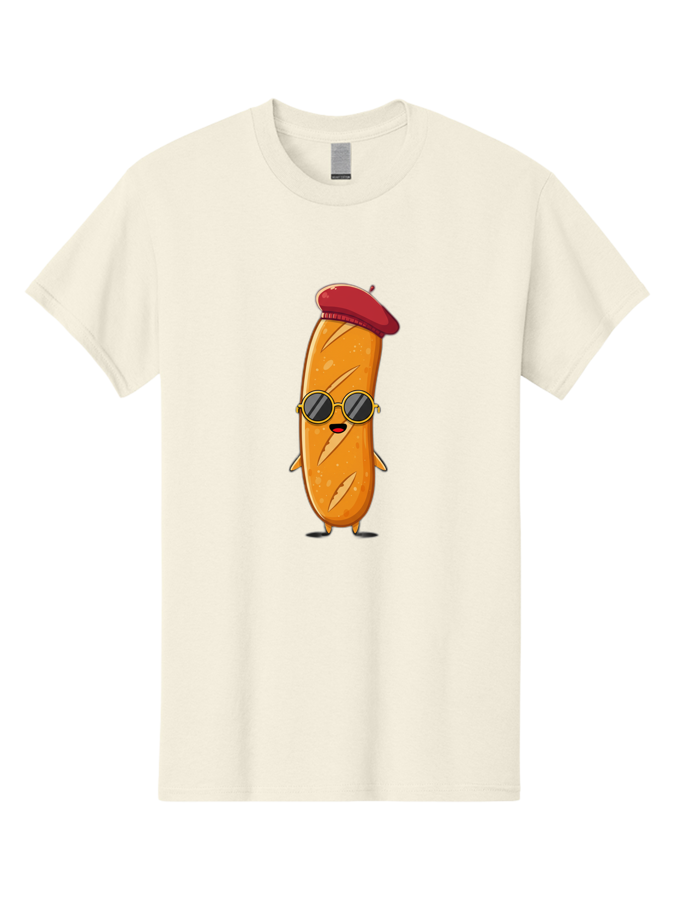 Bread-Mascot Men'S Graphic Tee, 100% Cotton, Comfortable Casual Summer Wear, Machine Washable, Cartoon Hot Dog, Wearing Sunglasses, Red Beret, French-Inspired, Quirky Character, Humorous Illustration, Trendy Food, Fun Graphics, Bac681