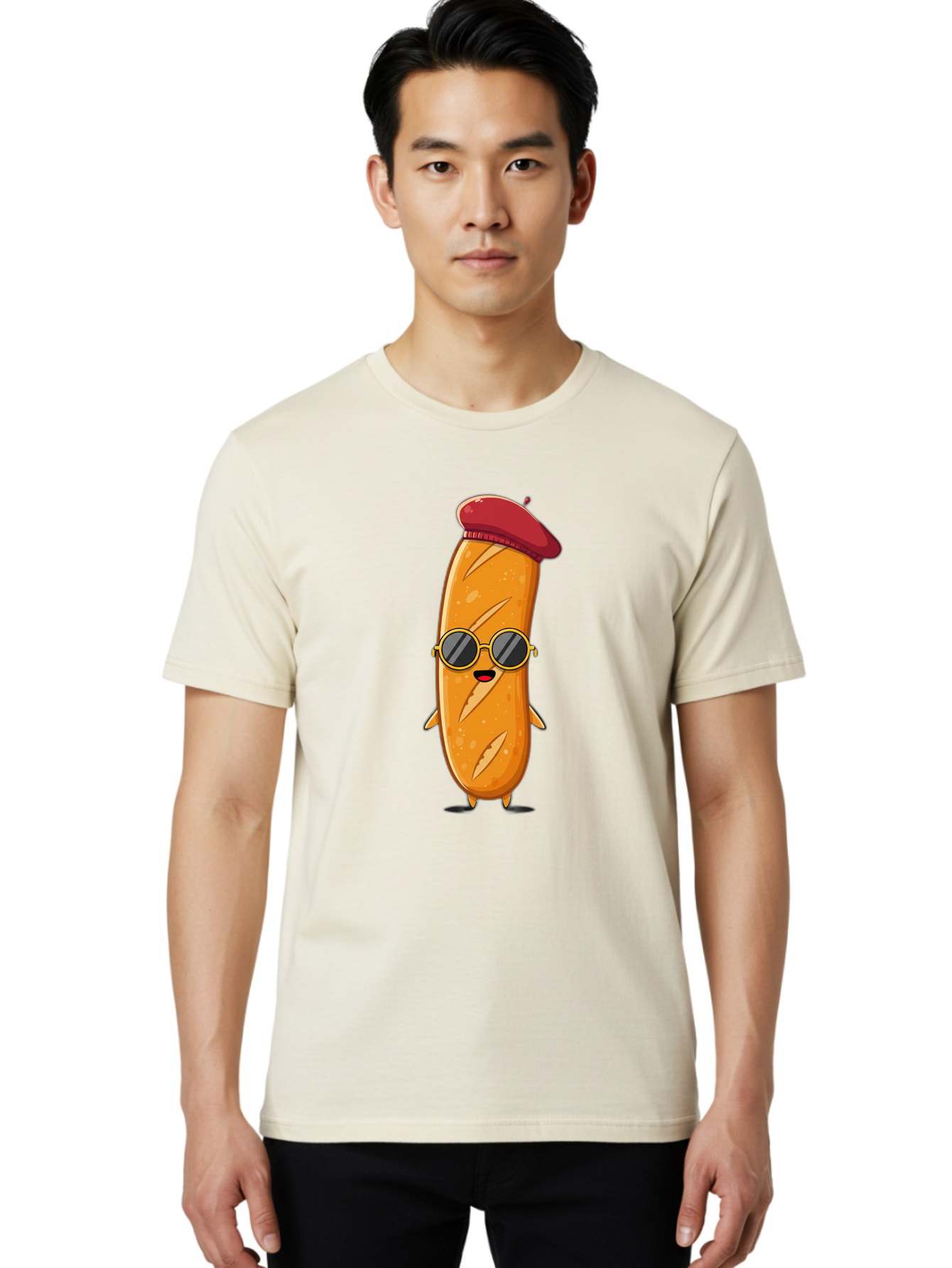 Bread-Mascot Men'S Graphic Tee, 100% Cotton, Comfortable Casual Summer Wear, Machine Washable, Cartoon Hot Dog, Wearing Sunglasses, Red Beret, French-Inspired, Quirky Character, Humorous Illustration, Trendy Food, Fun Graphics, Bac681