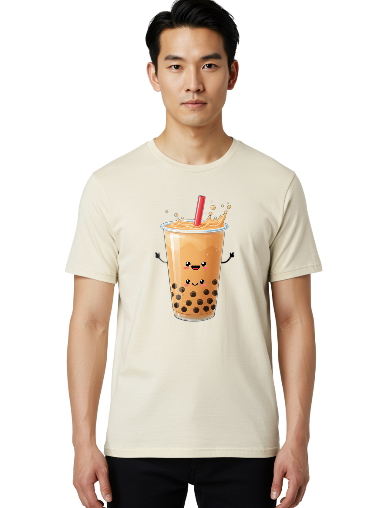 Bubble-Milk-Tea-4 Men'S Graphic Tee, 100% Cotton, Comfortable Casual Summer Wear, Machine Washable, Cartoon Bubble Tea, Boba Tea, Milk Tea, Kawaii Drink, Cute Beverage, Smiling Drink, Asian Drink Culture, Tea Lover Bac686