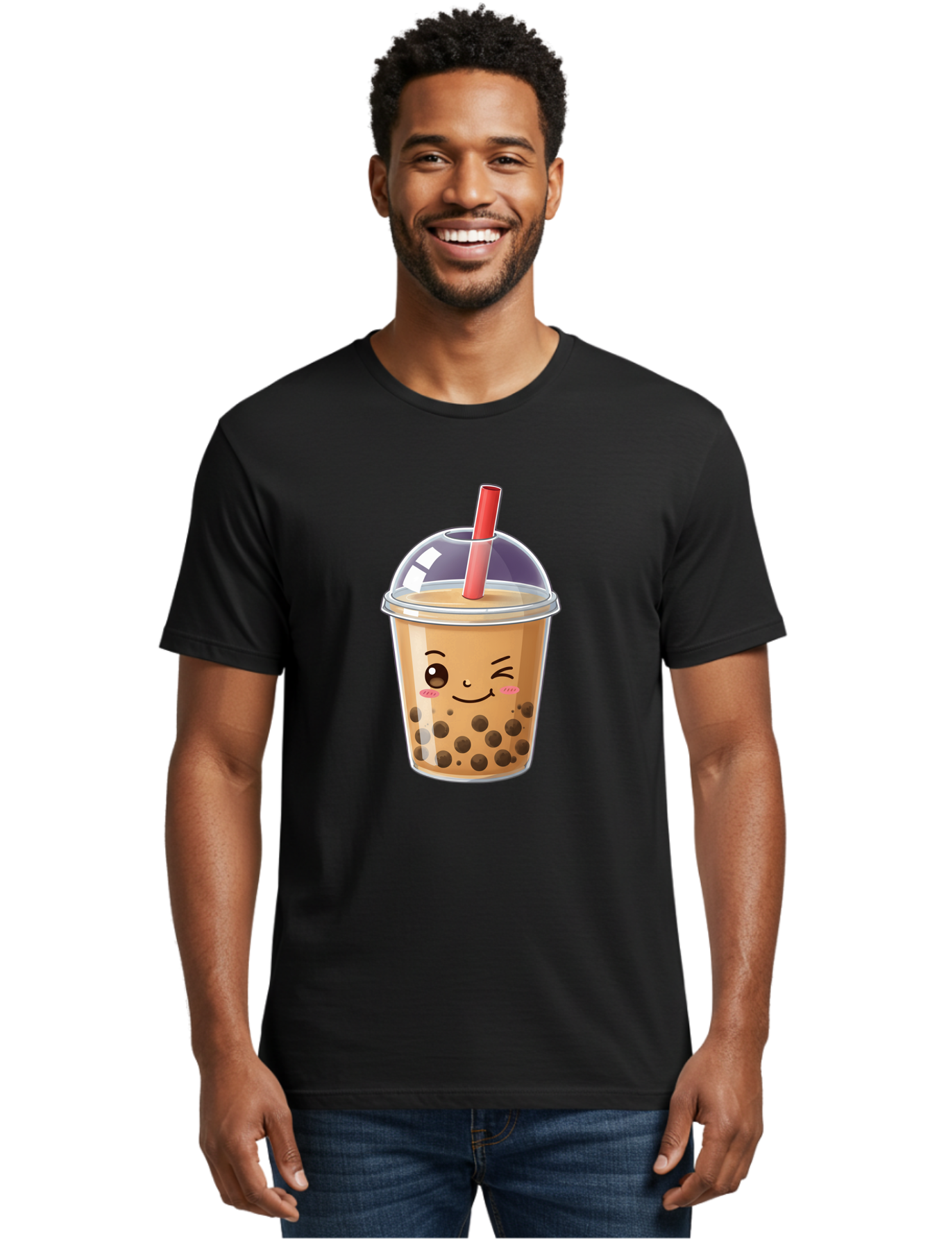 Bubble-Milk-Tea-5 Men'S Graphic Tee, 100% Cotton, Comfortable Casual Summer Wear, Machine Washable, Bubble Tea, Cute Cartoon, Milk Tea, Boba Drink, Kawaii Culture, Sweet Treats, Straw And Lid, Adorable Face, Winking Eyes, Smiling, Bac687