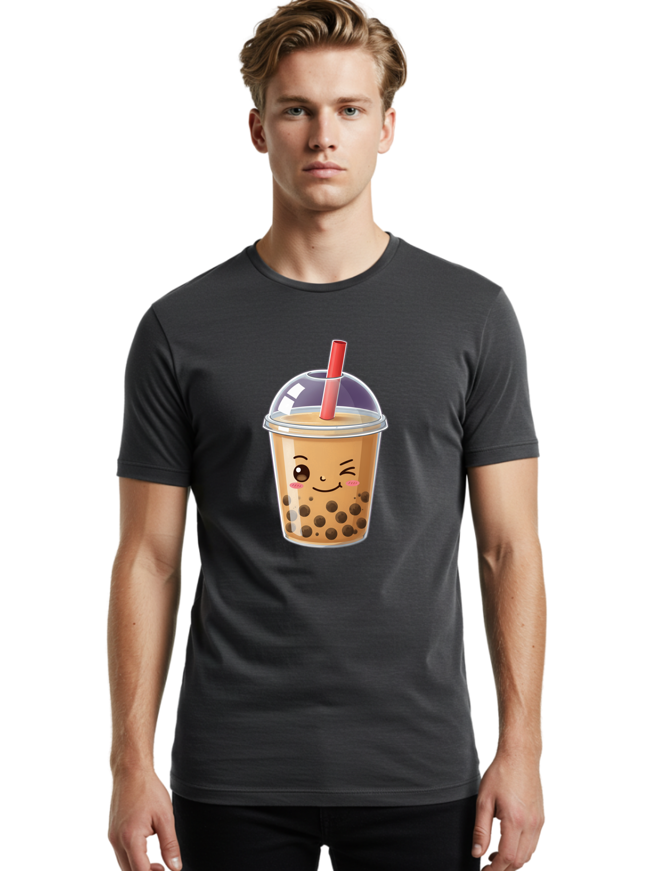 Bubble-Milk-Tea-5 Men'S Graphic Tee, 100% Cotton, Comfortable Casual Summer Wear, Machine Washable, Bubble Tea, Cute Cartoon, Milk Tea, Boba Drink, Kawaii Culture, Sweet Treats, Straw And Lid, Adorable Face, Winking Eyes, Smiling, Bac687