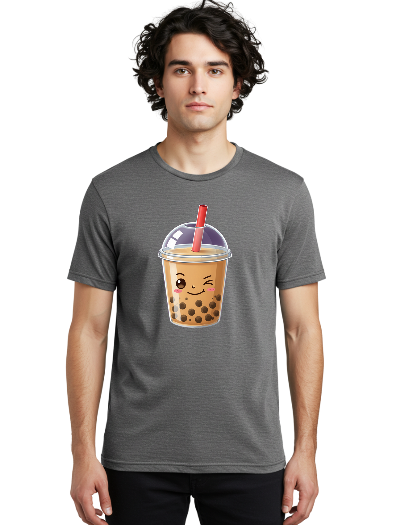 Bubble-Milk-Tea-5 Men'S Graphic Tee, 100% Cotton, Comfortable Casual Summer Wear, Machine Washable, Bubble Tea, Cute Cartoon, Milk Tea, Boba Drink, Kawaii Culture, Sweet Treats, Straw And Lid, Adorable Face, Winking Eyes, Smiling, Bac687