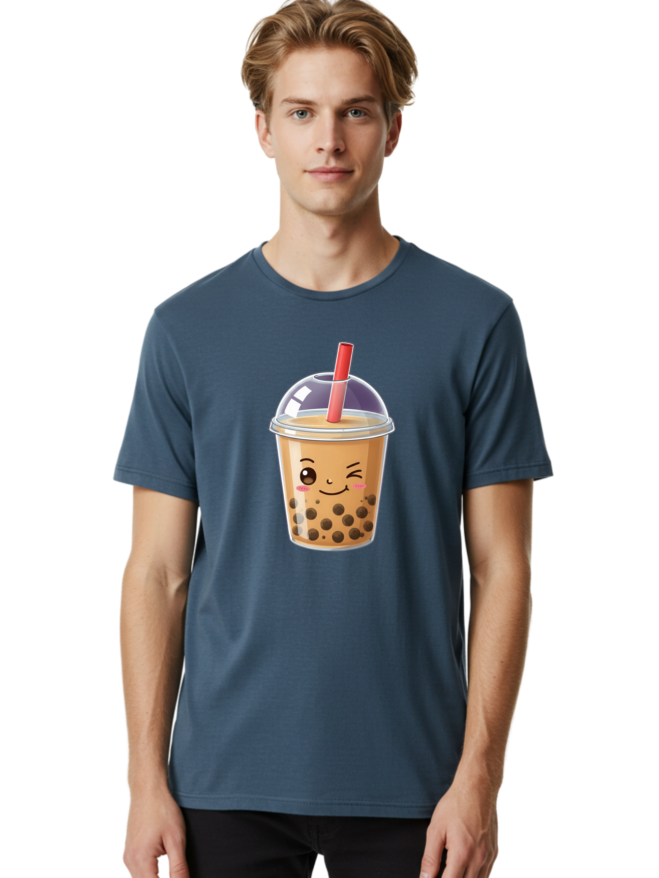 Bubble-Milk-Tea-5 Men'S Graphic Tee, 100% Cotton, Comfortable Casual Summer Wear, Machine Washable, Bubble Tea, Cute Cartoon, Milk Tea, Boba Drink, Kawaii Culture, Sweet Treats, Straw And Lid, Adorable Face, Winking Eyes, Smiling, Bac687
